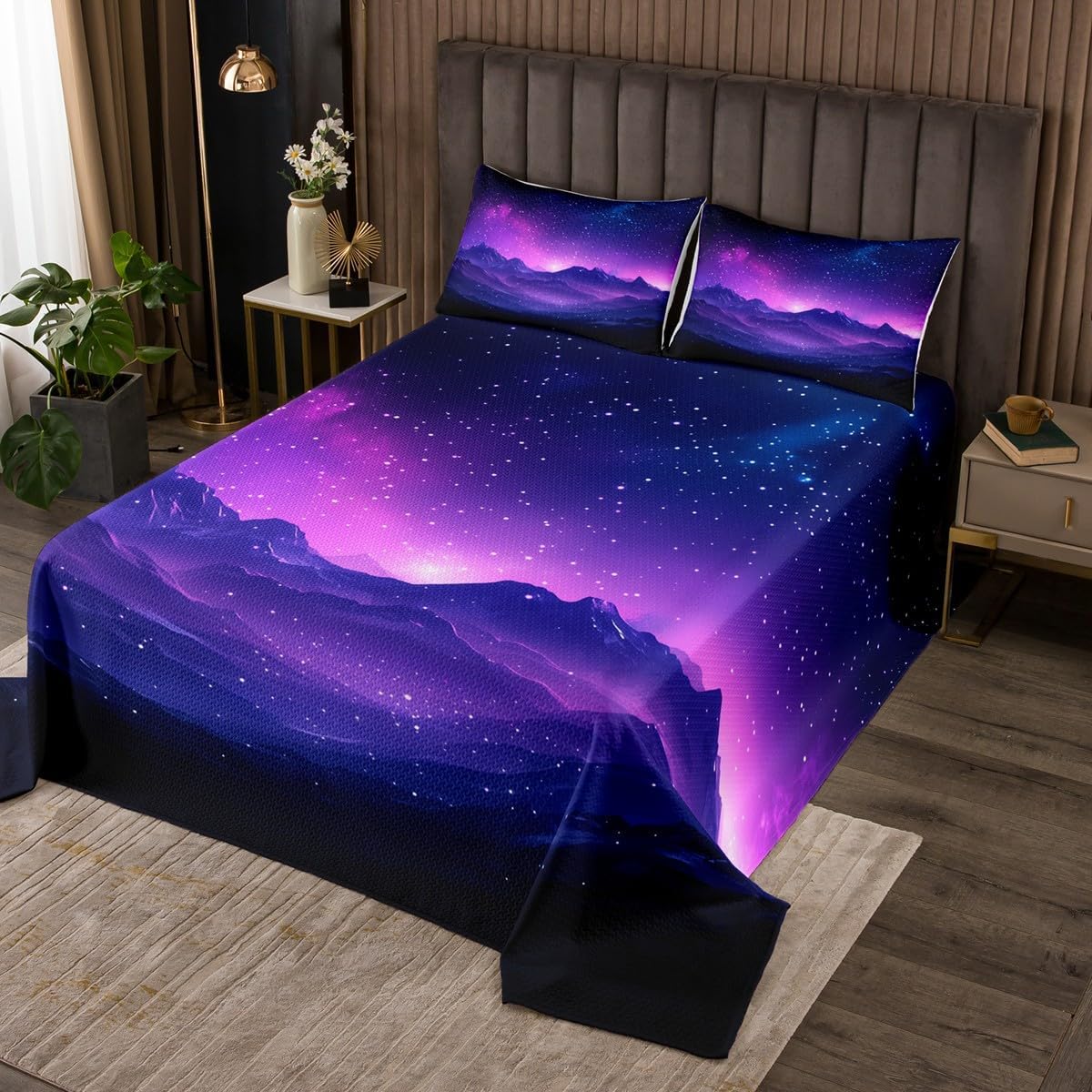 Homewish Purple Starry Sky Bedspread Queen Size,Mountain Night Scenery Bedding Set for Kids Boys Girls Room Decor,Galaxy Nebula Glitter Quilt 3Pcs,Nature Microfiber Coverlet Set,2 Pillowcases