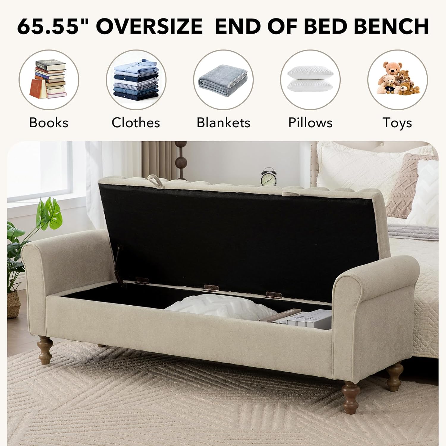 65" Oversize Storage Ottoman Bench, Fleece Upholstered End of Bed Benches with Rolled Armrest, Modern King Size Benches with Rolled Armrest, Window Bench (Griege+Single-Cover)