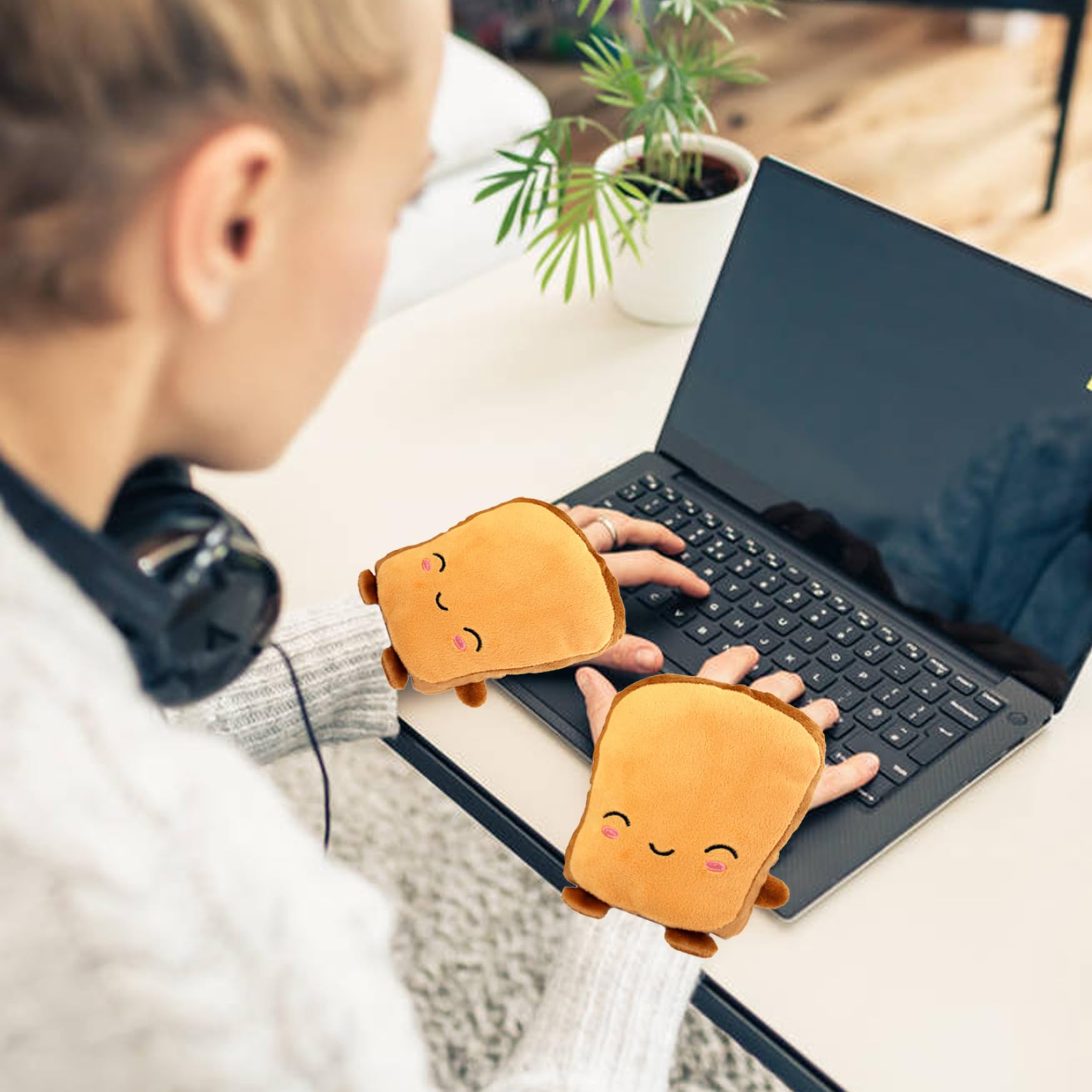 Gants Chauffants USB Sans Doigts Pour Femme - Design Toast Mignon, Peluche, Alimentation Par Câble USB