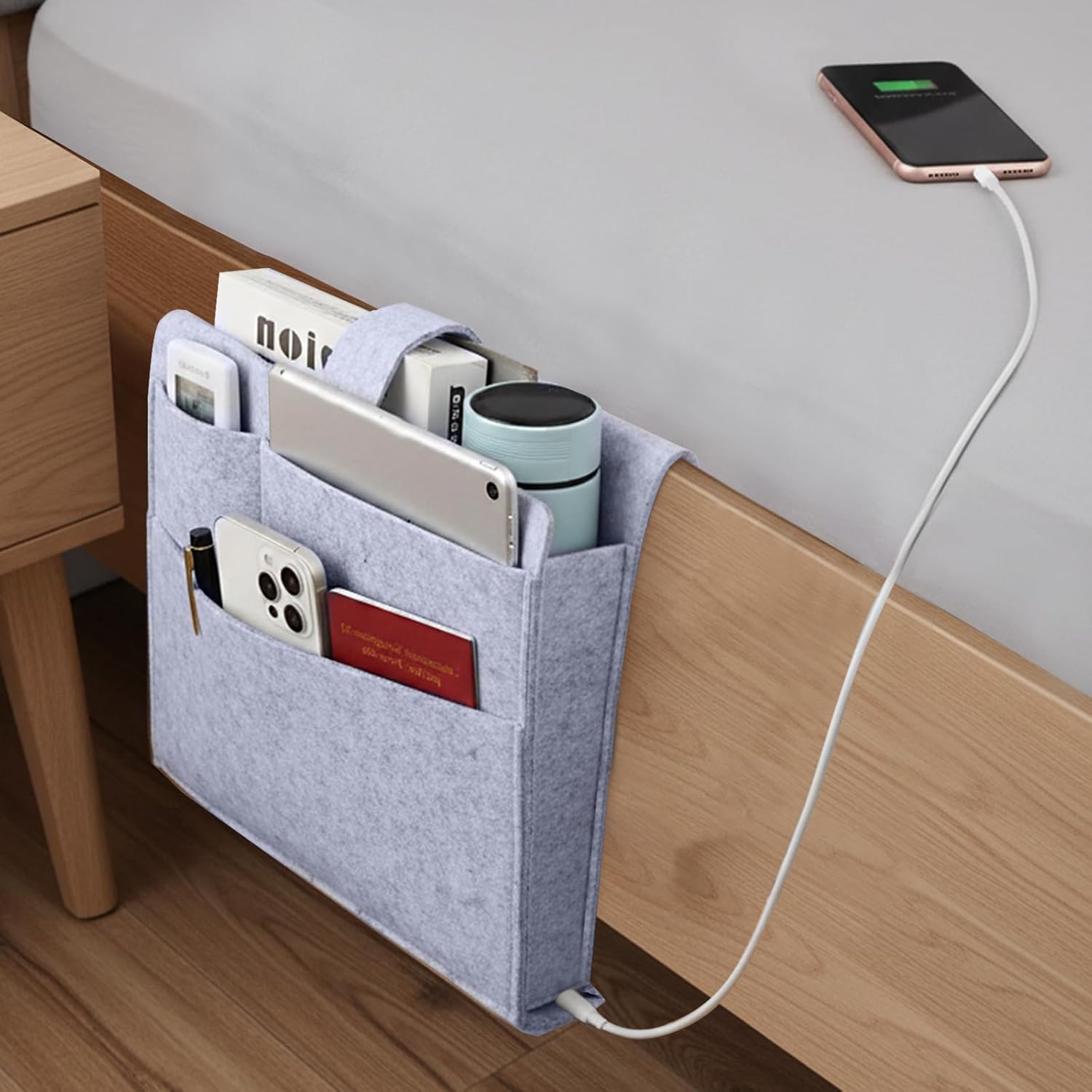 Seefoo Bed Caddy Organizer, Bunk Bed Shelf Caddy with 4 Pockets, Easy Storage as Books, Remotes, Magazine Holder, Sturdy Bedside Organizer for Bed, Bunk, Dorm, Sofa Grey - Image 2