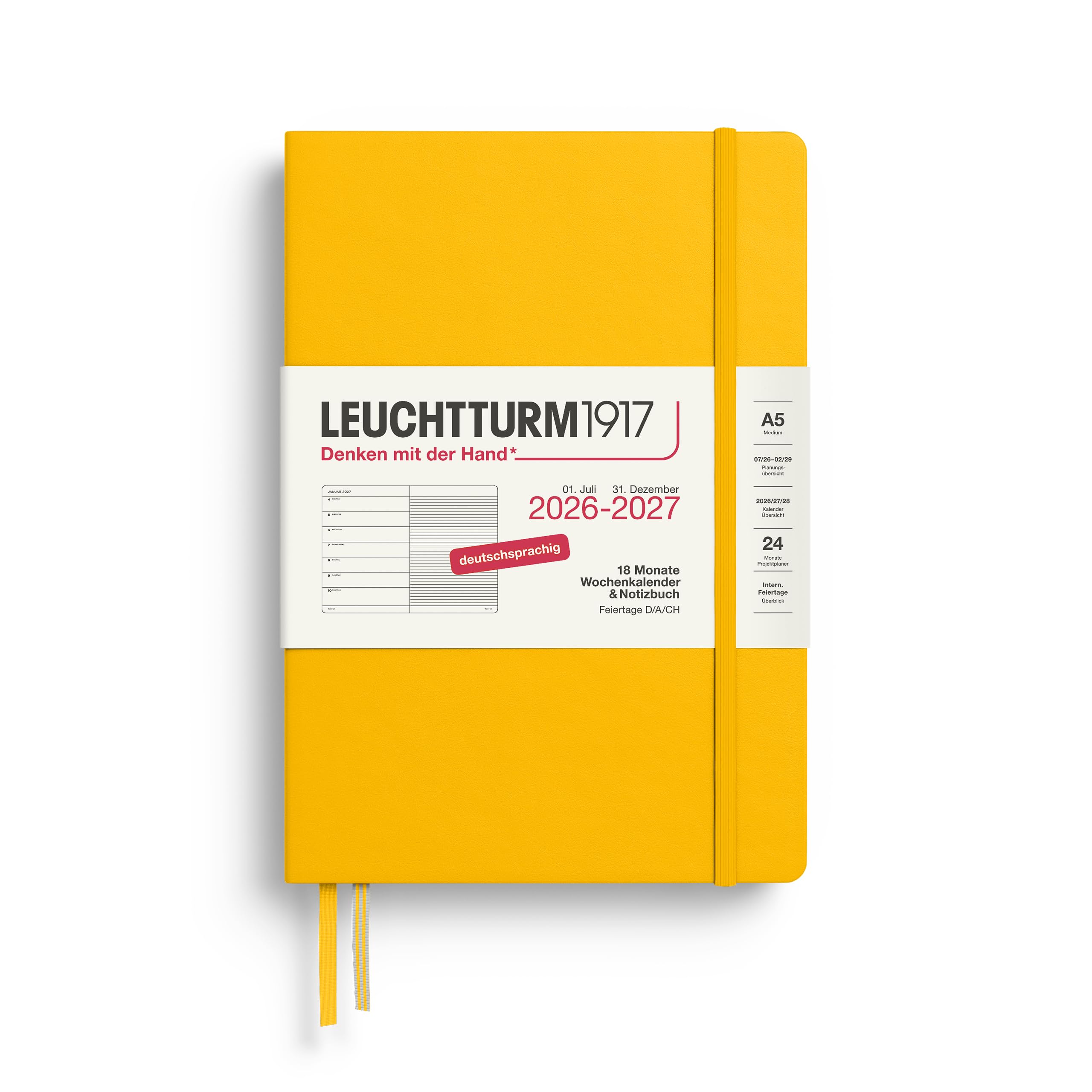 LEUCHTTURM1917 Weekly Calendar 2027 A5 with Notebook, Lined - Diary German, 18 Months July 2026 - December 2027, Sunflower, Hardcover, 210 x 145 mm, Week to View Left + Note Page Right