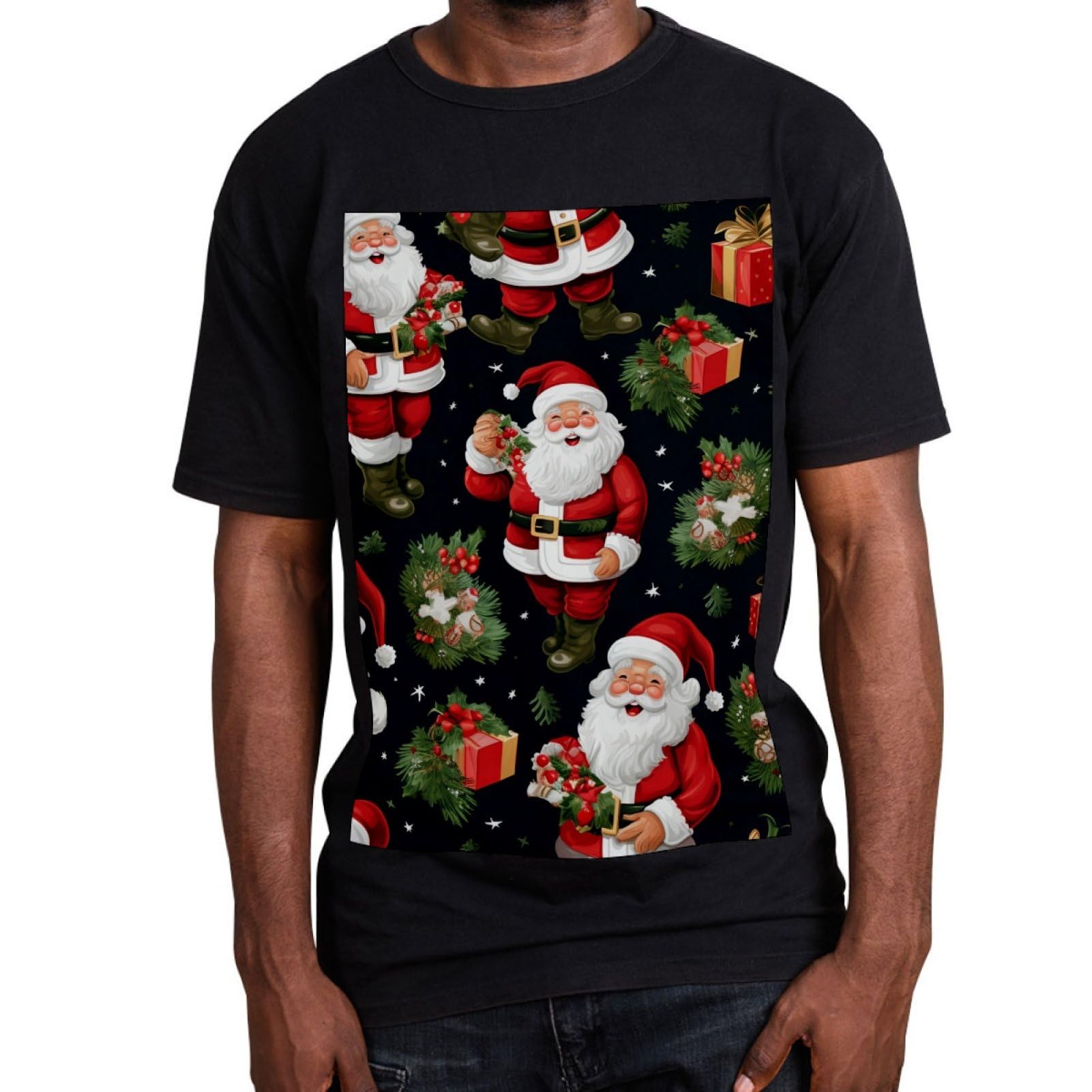 Camisetas clásicas, camisetas ajustadas suaves para hombre, 100% algodón, cuello redondo, lindo y divertido Papá Noel manga corta
