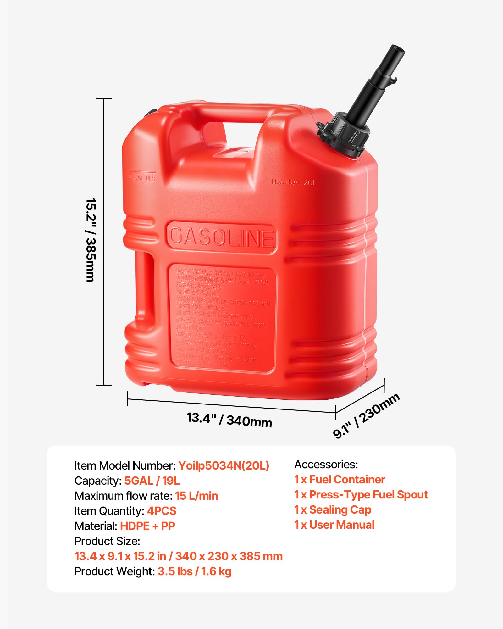VEVOR Bidon Essence 19 L Bidon Carburant Lot de 4 avec Bec Verseur, Graduation Transparente, Débit Maximal 15 L/min, Réservoir Essence Portable pour Plupart des Voitures, Motos, UTV, Tracteurs, Rouge