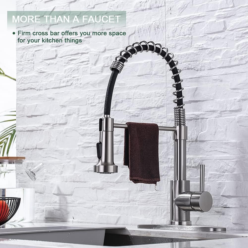 WEWE Kitchen Faucets, Commercial Brushed Nickel Stainless Steel Pull Down Sprayer Single Hole Single Handle RV Farmhouse Laundry Outdoor Faucet for Kitchen Sink, llaves para fregaderos de cocina thumbnail
