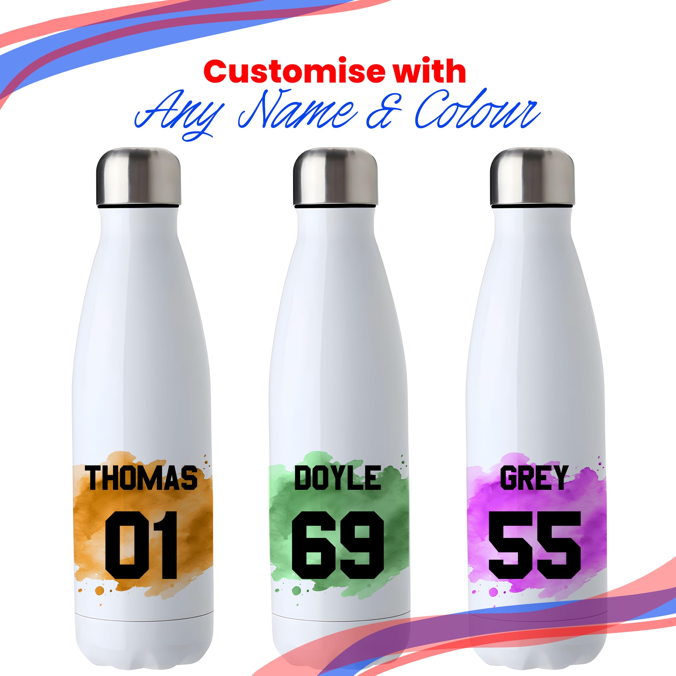 Personalisierte Wasserflasche 500 ml, benutzerdefinierter Name und Nummer, Sportflasche mit Auswahl der Teamfarbe Aquarell-Design, Edelstahl-Trinkflasche, Geschenkbox inklusive, personalisiertes