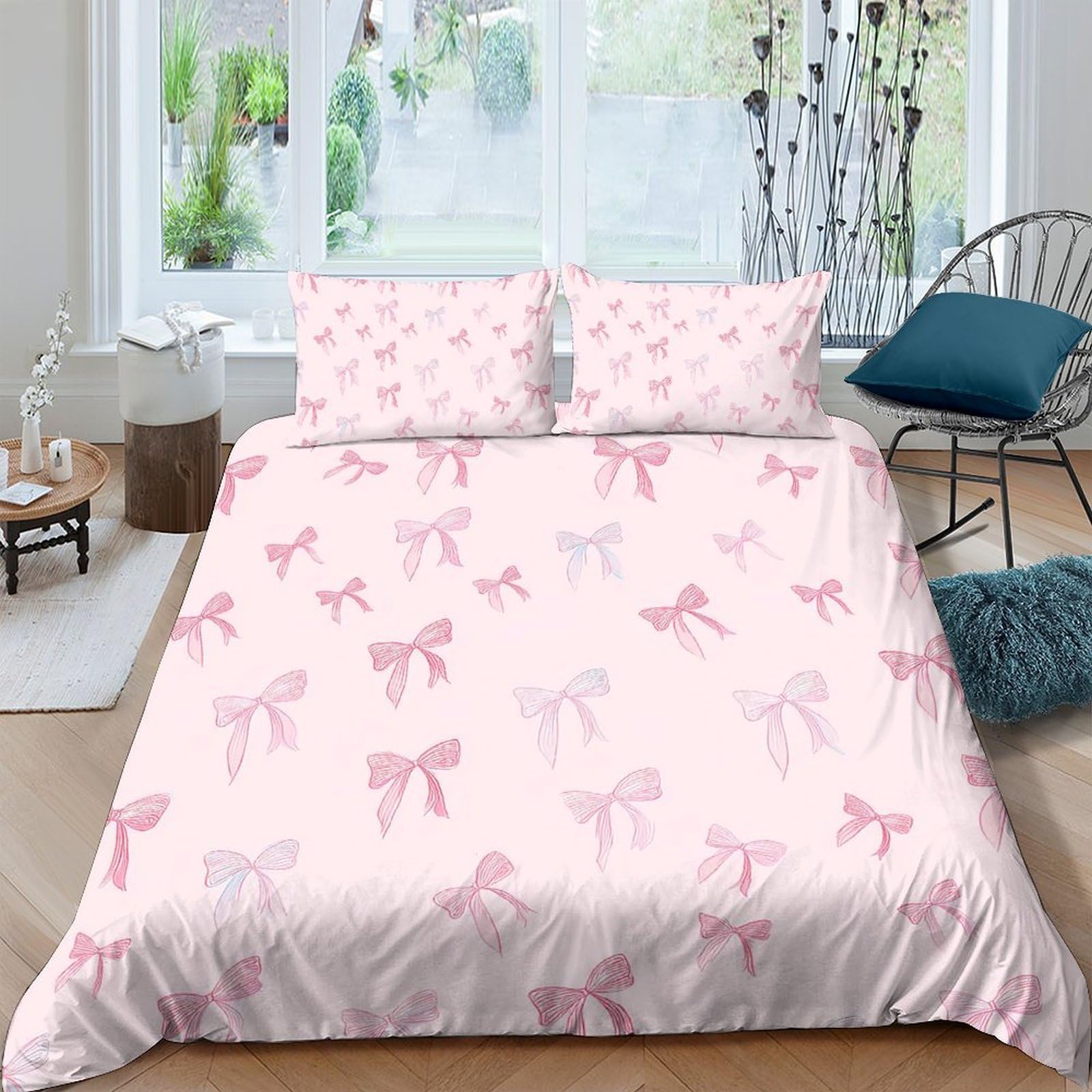 TUFRTGYHN 3D Printed Pink Bow Duvet Cover Microfiber Soft Breathable Ribbon Quilt Cover Set with 2 Pillowcases for Bedroom Decor Single（135x200cm）