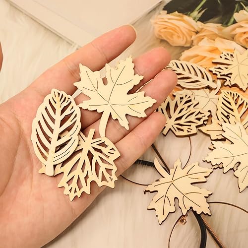 Miniatura 8 de Honbay 60 piezas huecas de hojas de arce en blanco sin terminar, piezas de madera, rebanadas de madera, adornos en forma de arce de madera, hojas de