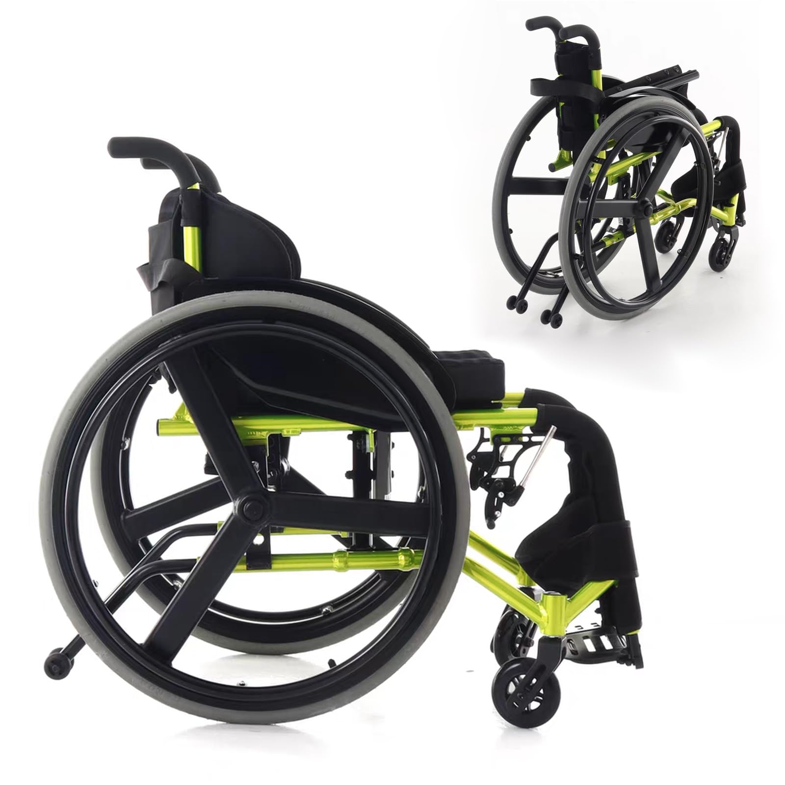 Silla de Ruedas Deportiva Manual Plegable,Ultraligera de Aleación de Aluminio, Extracción con un botón, Cojín grueso,Transporte Fácil,Cinturón seguridad,Altura regulable