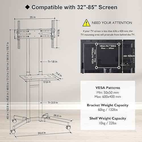 Miniatura 4 de Soporte de TV rodante con ruedas para televisores LED, LCD, OLED planos y curvos, carrito de TV móvil de altura ajustable con estante para laptop y