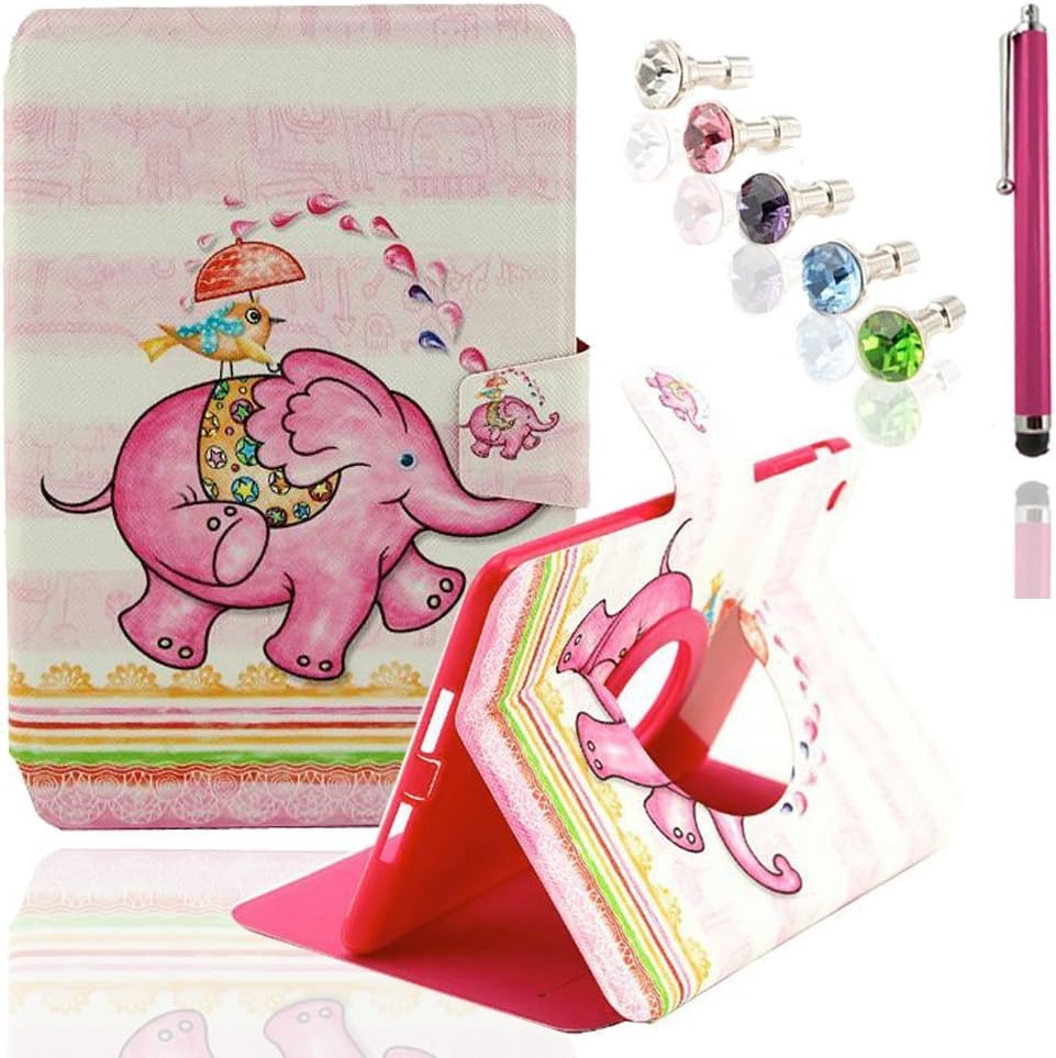 Vandot 7 in1 Accessory Set 1x silicone TPU Elephant Protective PU Leather Case Cover Film Cover for Apple iPad Air iPad 5 9.7 inch Skin Case for rotation with 360-degree fit Leather Case Shell Smart Cover Magnetic Case Cell Phone PU Leather Case Magnetic clasp Magnetic New Flip Book Style Multi-Function protective leatherette + 1x Pink Metal Stylus touch Pen Stylus Touch Pen + 5x 3.5mm Diamond Rhinestone pearl dust plugs Anti Dust plug - Blue Pink Rose Green White Bird with umbrella Rain Elephant