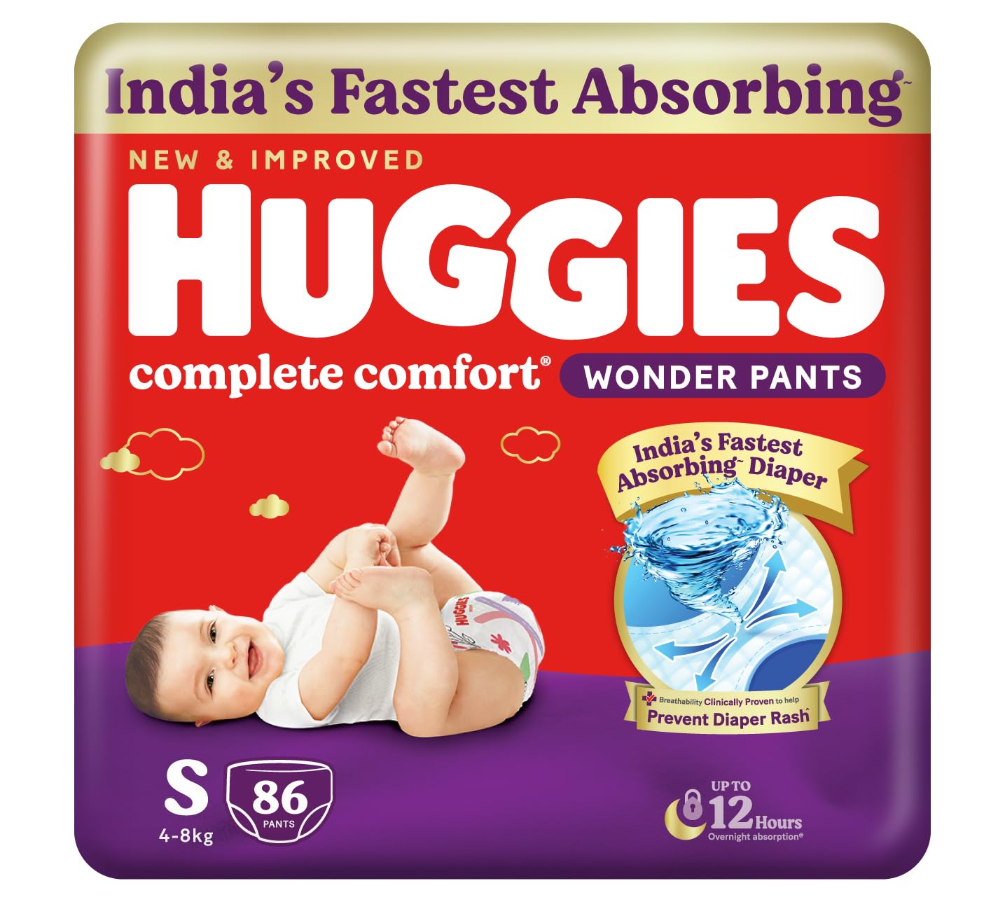 Huggies Complete Comfort Wonder Pants | Pant Style Baby Diapers Small Size, 86 Count | India's Fastest Absorbing Diaper, Prevents Diaper Rash, Ideal for 4 to 8 Kgs