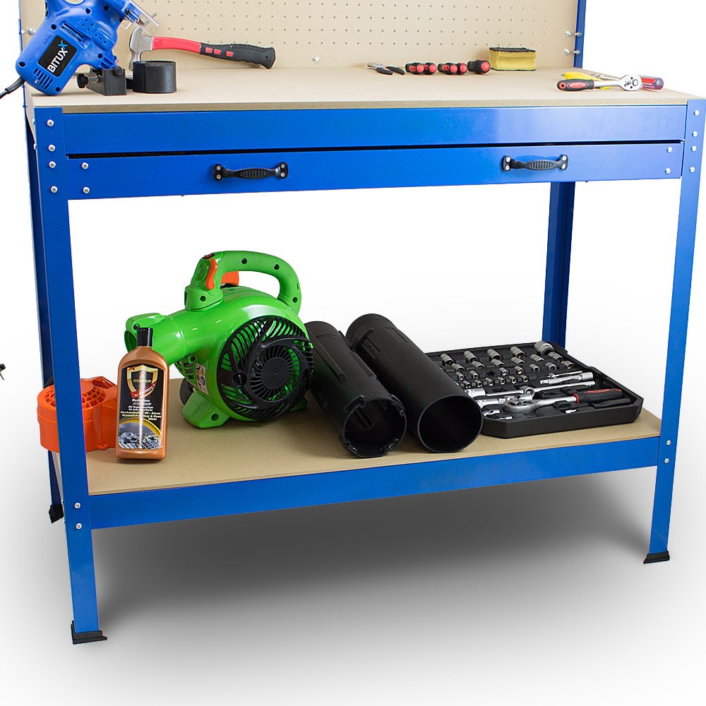 BITUXX Werktisch Werkbank Arbeitstisch Arbeitsplatte Lochwand Schublade Werkstatt 115 x 55 x 140 cm Blau