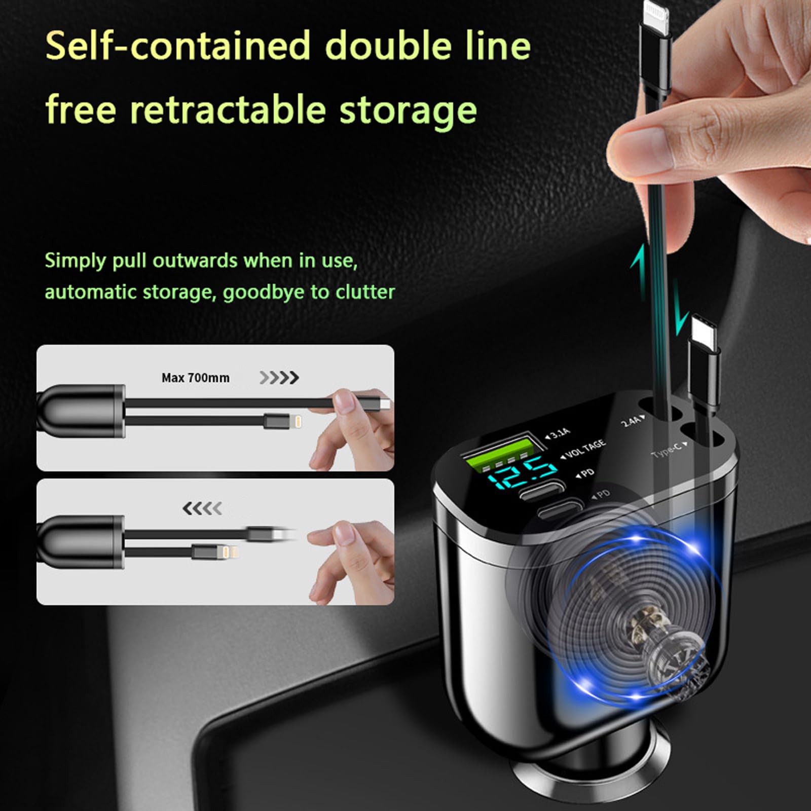 SNZ Caricatore Auto USB C 60W Retrattile, PD 3.0 Accessori Auto Interno, Adattatore accendisigari usb per auto,Gadget macchina fit iPhone 16 15 14 13 Pro Max Plus iPad Galaxy S25 S24 S23 Ultra