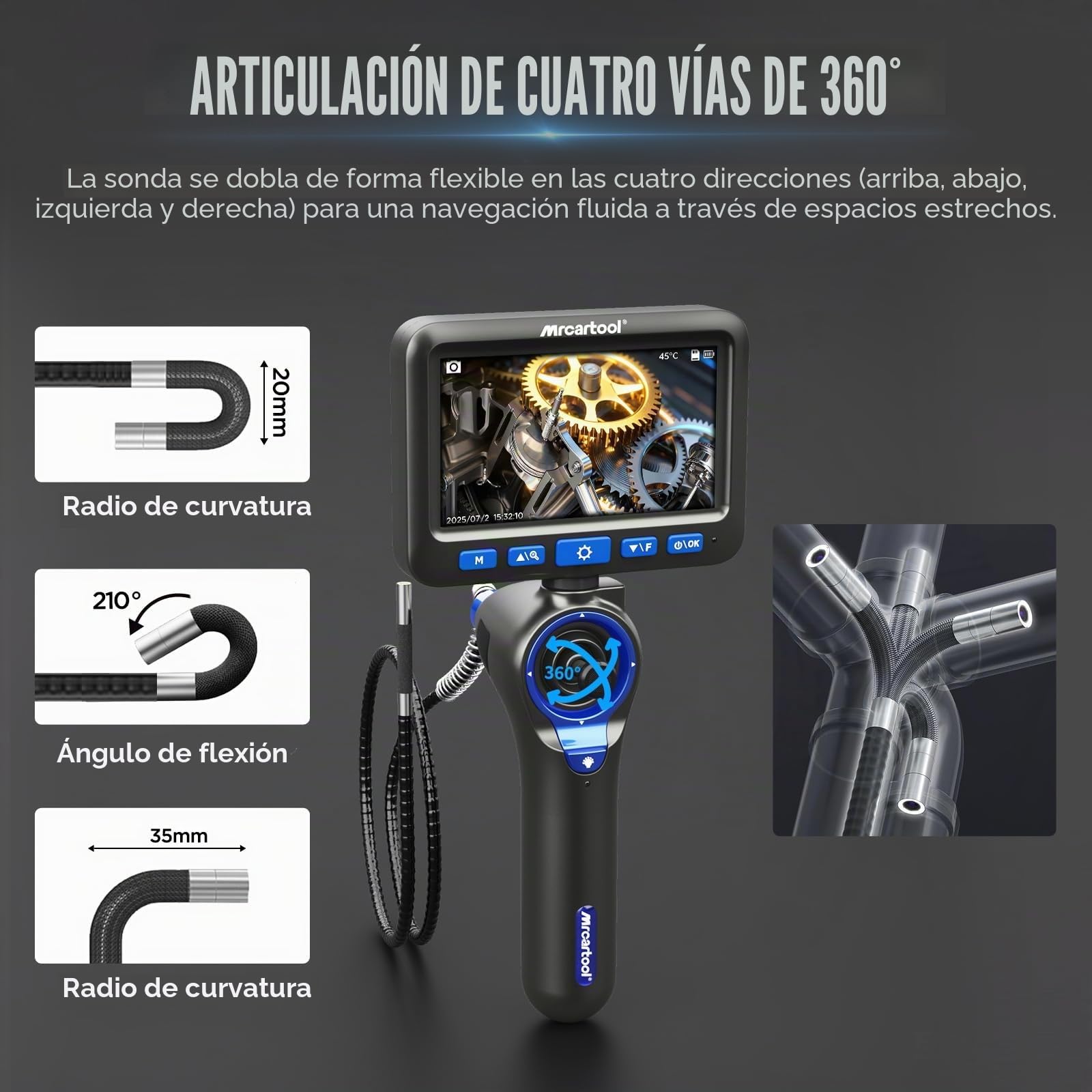 Cámara endoscópica con luz 360°Endoscopio 6,2 mm de inspección, Cámara de tuberías HD 5,0",Cabeza Flexible con 6 LED,IP67 Resistente al Agua,Cámara Flexible de Canal de 1 Metro, Herramienta para Auto