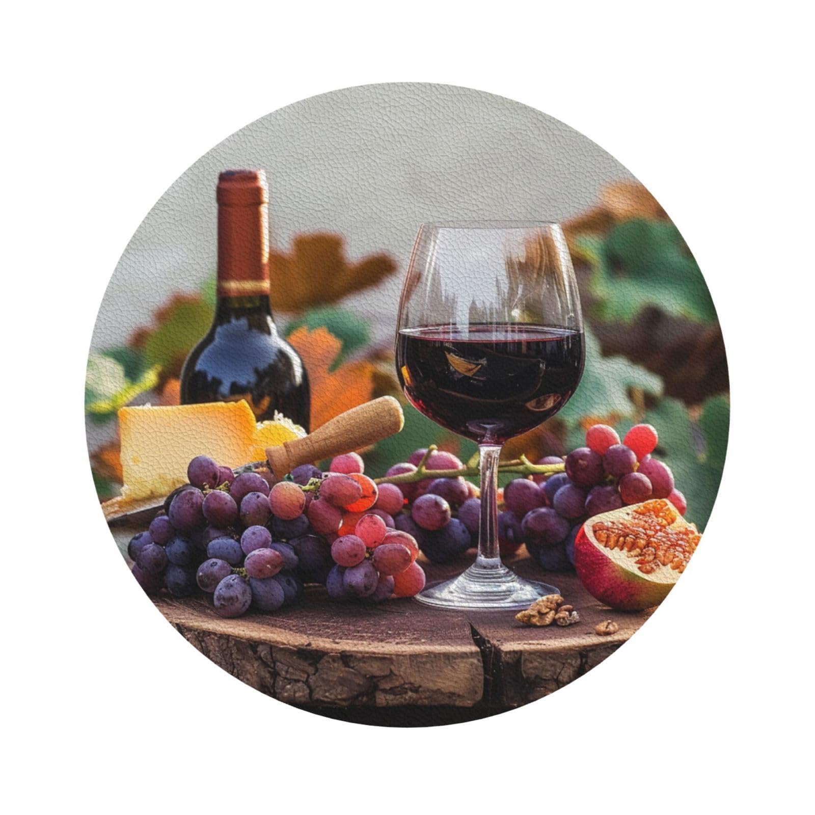 Red Wine Galsses & Grapes with Wooden Print Leather Coaster Set of 6, Round Shape Coasters Table Decorative Coffee Cup Beverage Coasters Wine Beer Bar Coasters for Hot Drinks Table Protection