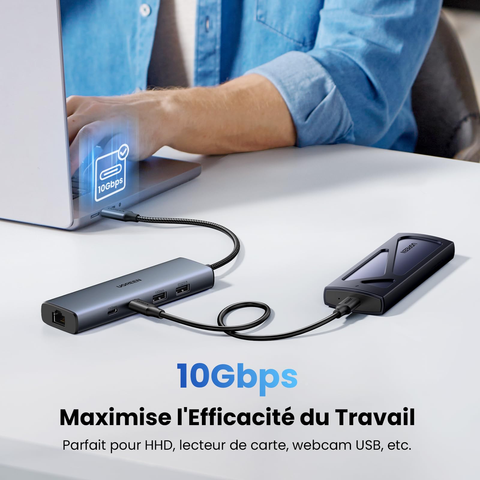 UGREEN 10Gbps Hub Ethernet 5 en 1 Adaptateur RJ45 USB C 3.2 Gen 2 | Compatible avec iPhone 16 Plus Pro Max 15 MacBook iPad Air Surface Galaxy S25 Câble 30CM
