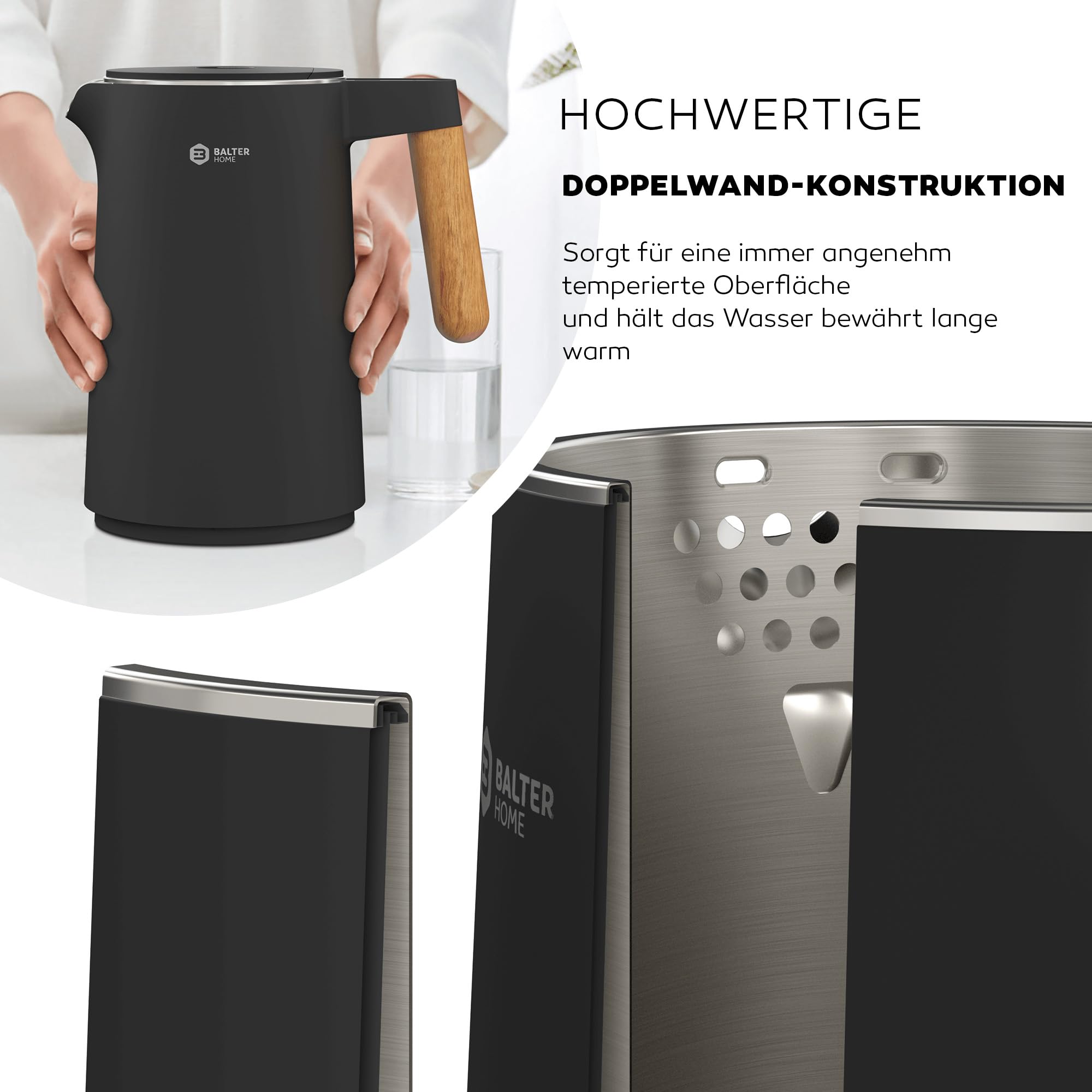 BALTER Edelstahl Wasserkocher mit Temperatureinstellung, 45°C-100°C, Doppelwand, BPA frei, leise & kabellos, Warmhaltefunktion, Teekocher mit Temperaturanzeige, 1.5L, 2200W, Schwarz