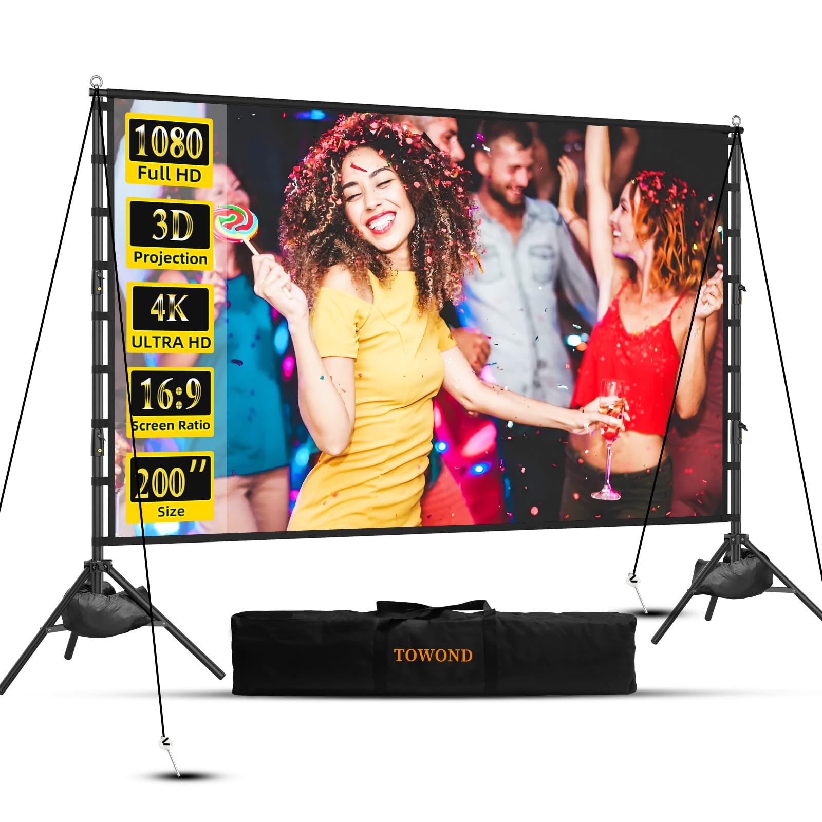 TOWOND Pantalla de proyector para exteriores de 200 pulgadas, pantalla de proyector portátil y soporte, pantalla frontal trasera HD 16:9 4K con bolsa de transporte para cine en el patio trasero