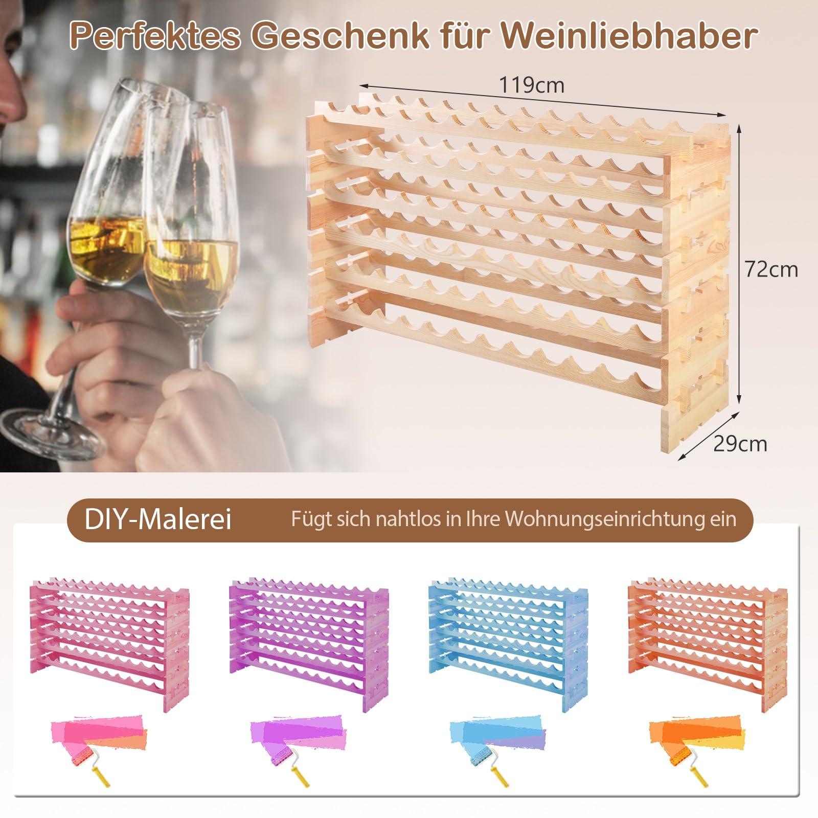 GIANTEX Weinregal Stapelbar Holz, Flaschenregal für 72 Flaschen, Weinschrank Weinständer mit 6 Ebenen, Flaschenständer Modular für Küche Bar, Holzregal 119 x 29 x 72 cm, Naturholzfarbe