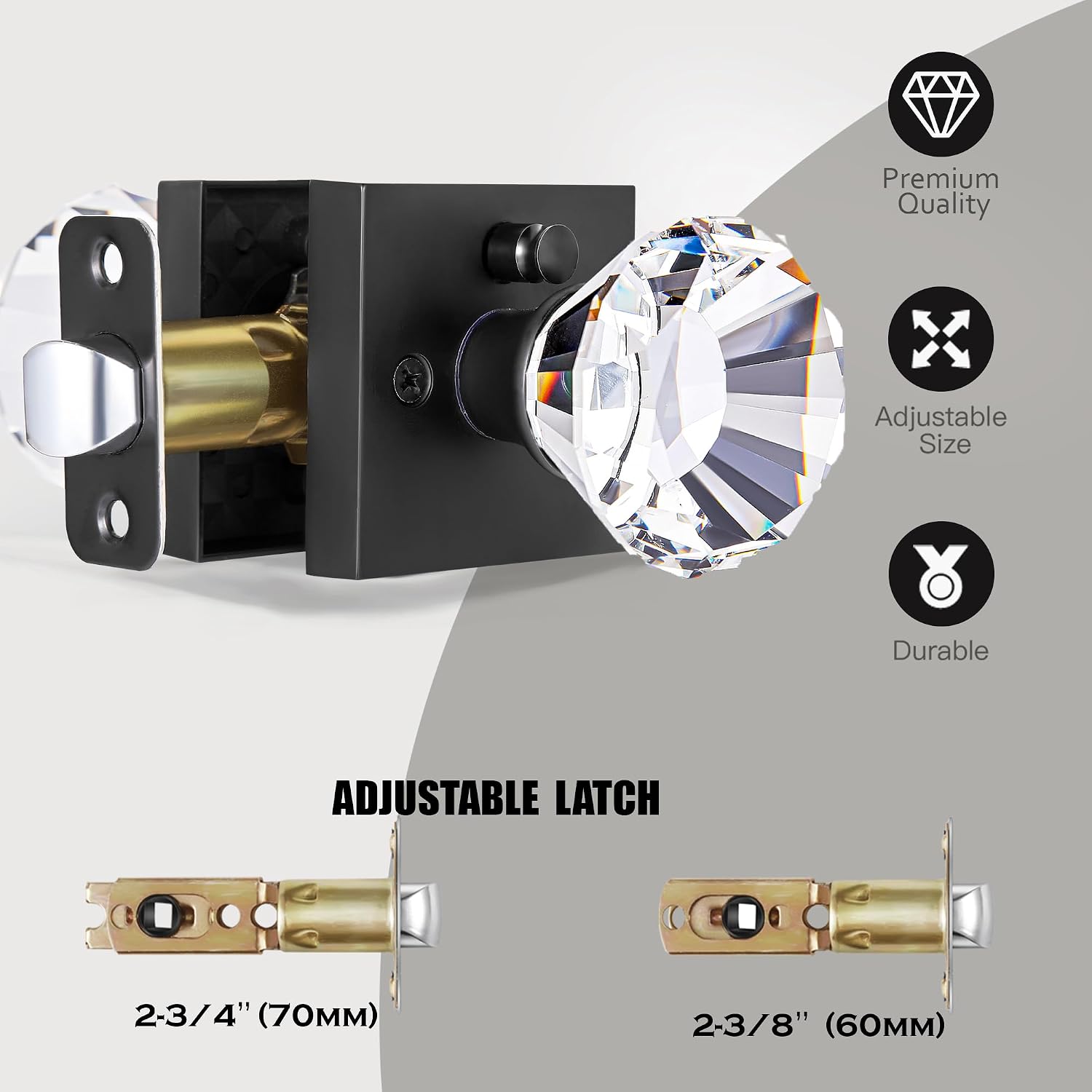 Glass Crystal Door Knobs Interior with Lock, Matte Black Modern Diamond Privacy Square Clear Glass Crystal Door Knobs for Bedroom and Bathroom