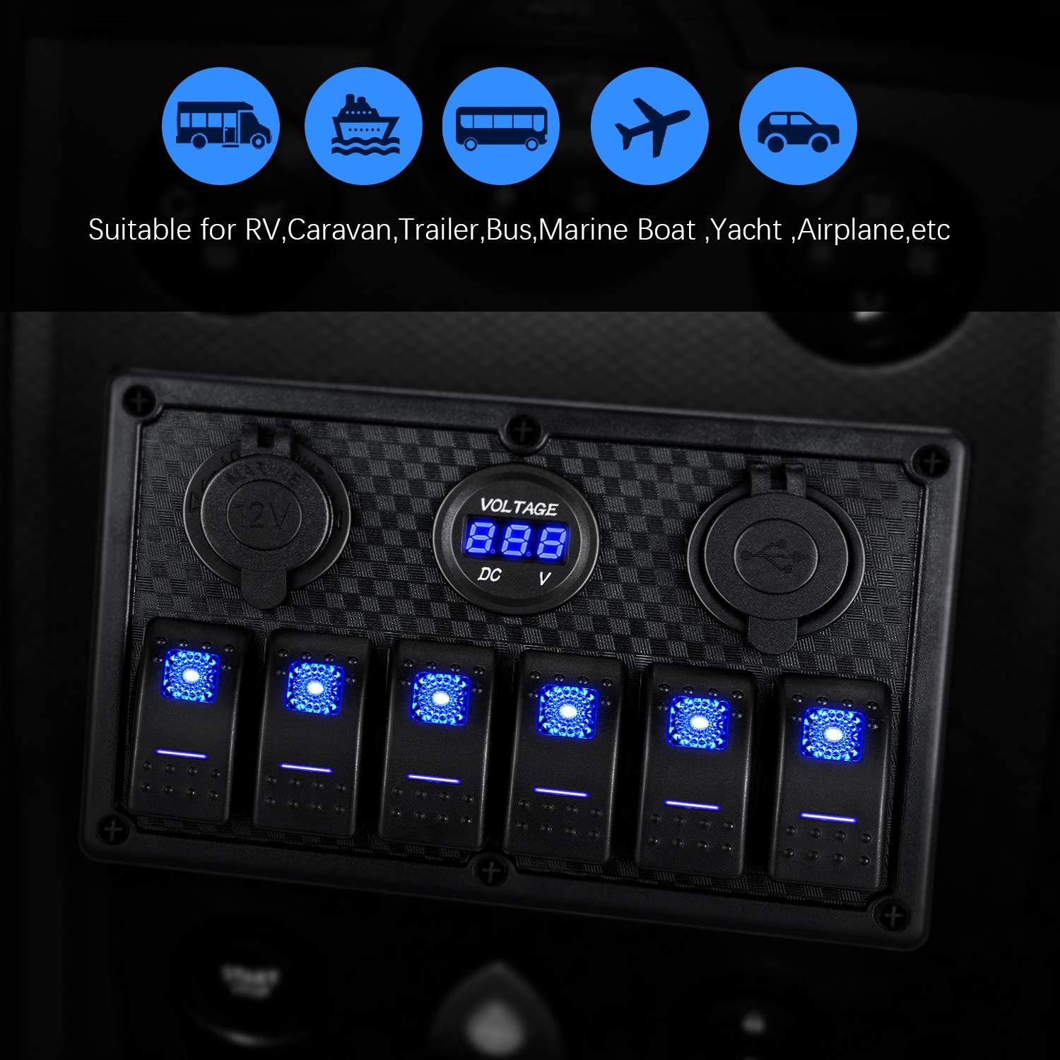 Kohree 6 Gang Marine Boat Rocker Switch Panel Waterproof + USB Switch, 12 Volt RV Led Switch Panel for Marine Boat Car Truck, Digital Voltmeter Display QC3.0 Dual USB Charger Port DC 12V Socket 12/24V