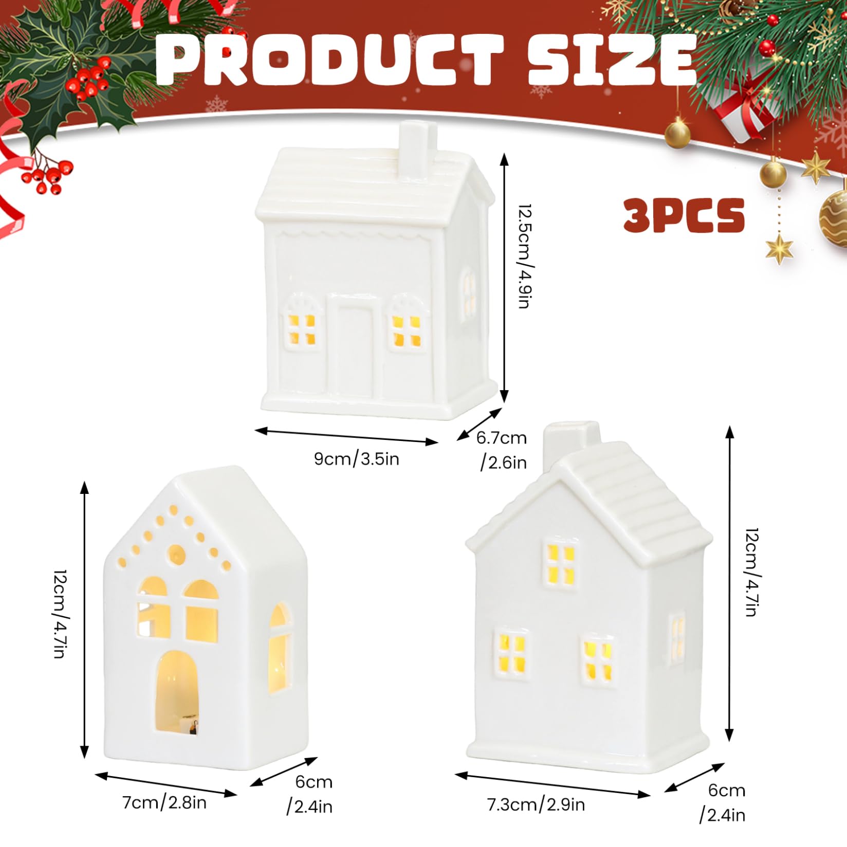 Christmas Village Houses - Juego de 3 Piezas de cerámica con iluminación para Centro de Mesa navideña, decoración del hogar y coleccionables de Navidad