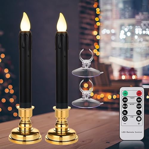 Velas LED negras de 6.7 pulgadas para ventana con temporizador remoto, 2 velas cónicas sin llama que funcionan con pilas, candelabros extraíbles