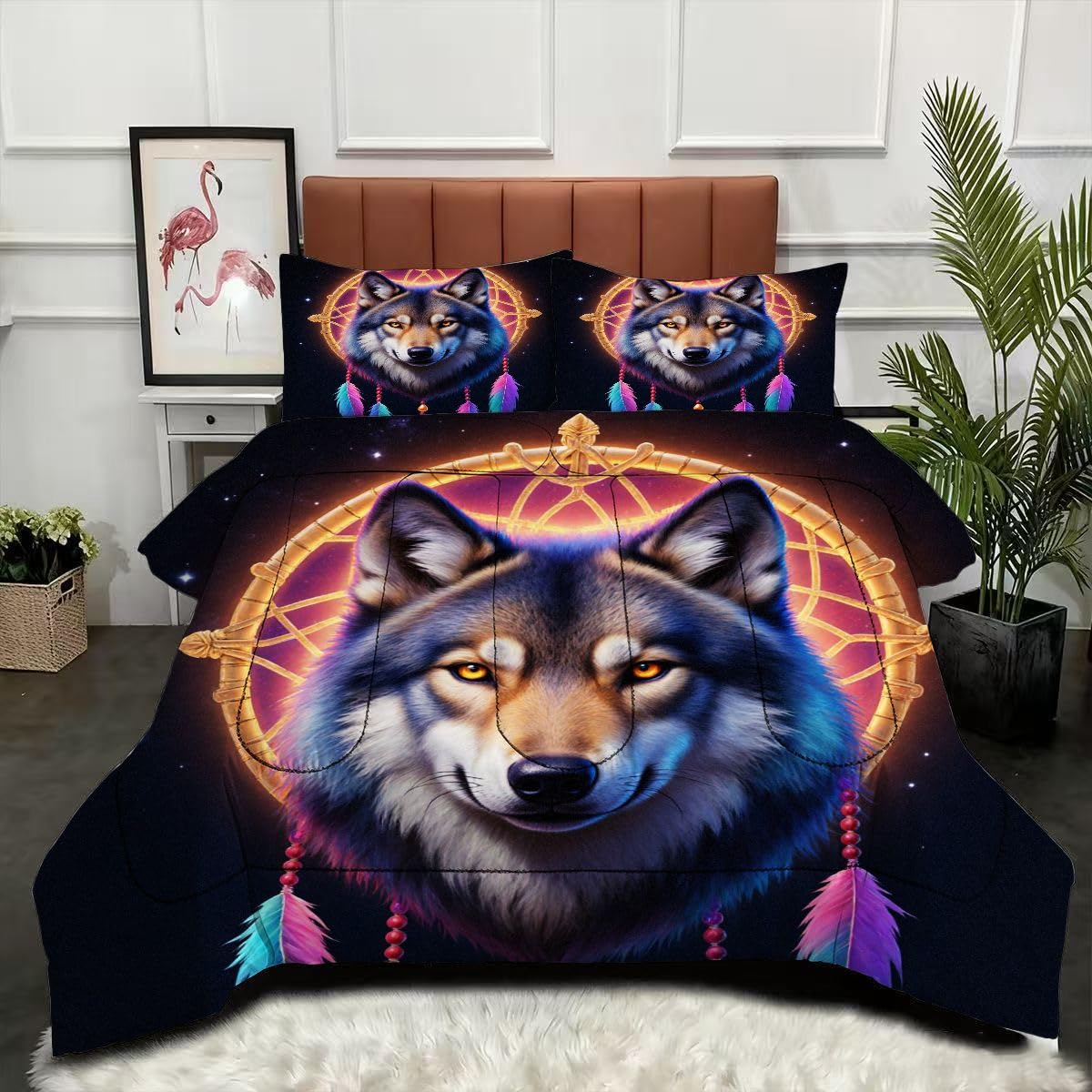 Couette 240 x 260 cm microfibre lavable en machine parure de lit 2 personnes animaux loup
