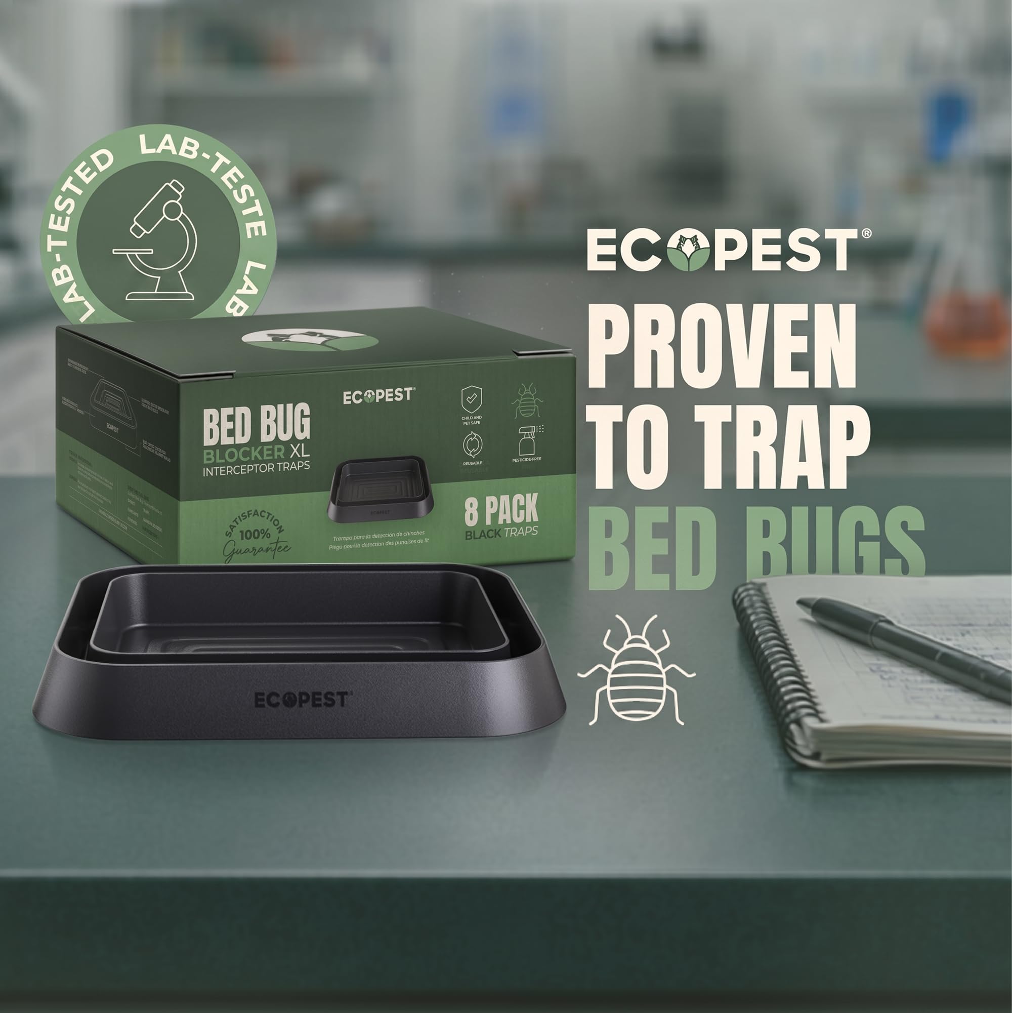 ECOPEST Trappole per Cimici dei Letti – Confezione da 8 | Bed Bug Blocker (XL) Trappole Intercettatori (Nera) | Monitor, Rilevatore e Trappola della Gamba del Letto (Extra Grande)