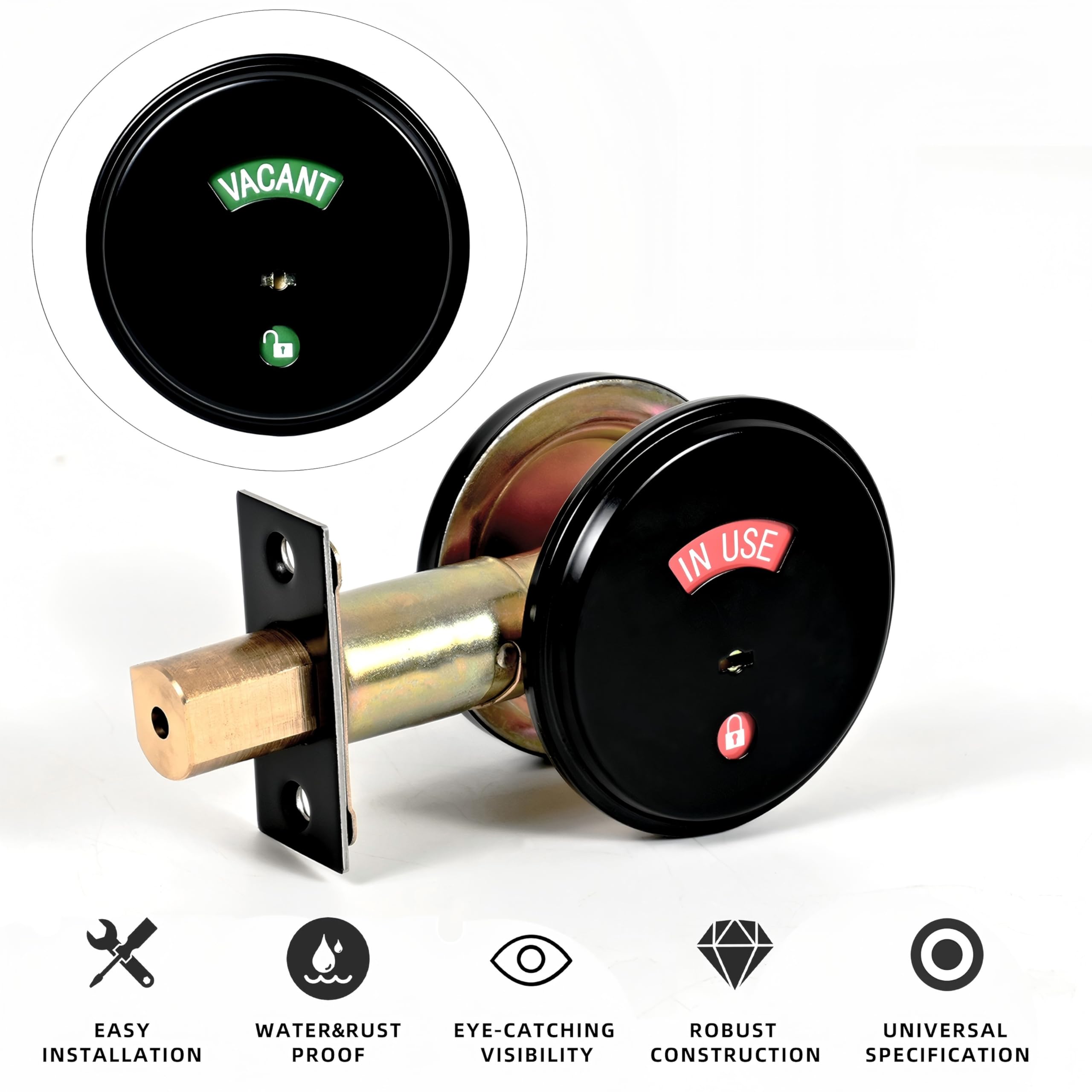 Cerrojo de seguridad de acero inoxidable con indicador negro mate, cerradura de puerta de privacidad de grado comercial, 2 60/70 mm, respaldo transparente en uso o vacío para baños públicos