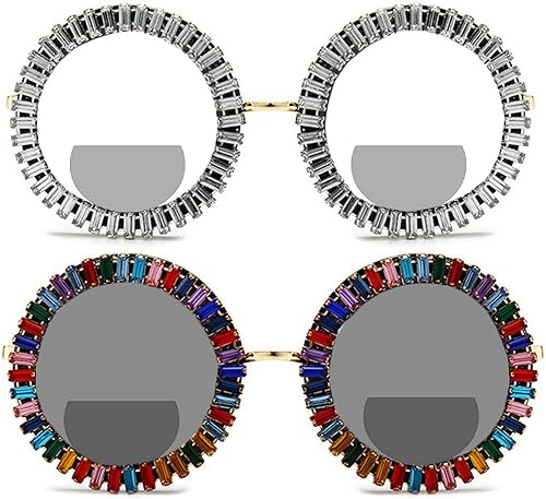 2 lentes de lectura bifocales de gran tamaño con diamantes de imitación redondos lentes de sol fotocromáticos de transición para mujer