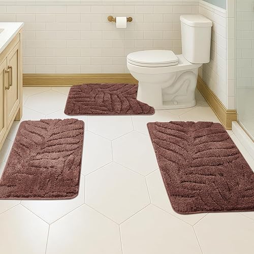 Miniatura 40 de Juego de 3 alfombras de baño suaves y absorbentes, peludas, suaves, antideslizantes, para ducha, bañera, lavable a máquina