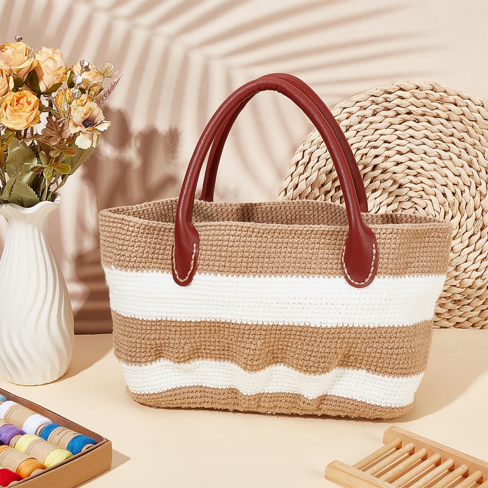 ORIGACH DIY Crochet Handbag Kit for Beginners Khaki Striped Crochet Bag with PU Leather Handheld and Base - Image 4
