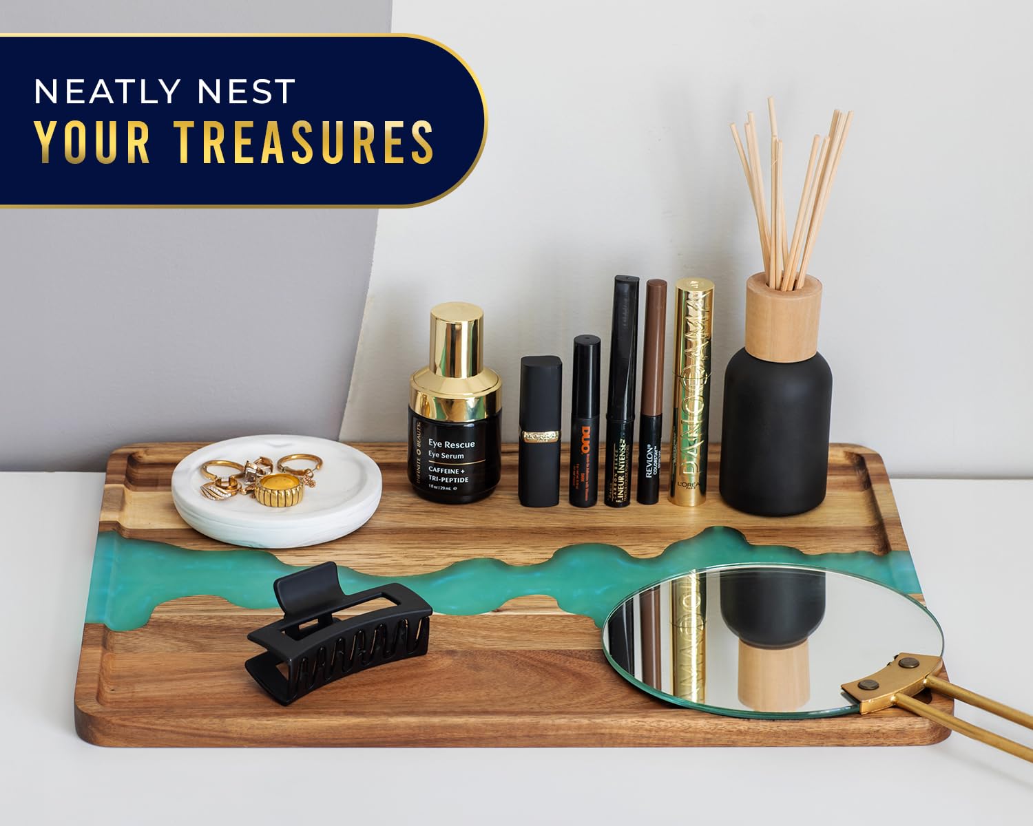 Plateau en bois d'acacia avec accents en résine bleue, 40,6 cm – Plateau de service décoratif pour petit déjeuner au lit, déjeuner, dîner, collations, patio, ottoman, table basse, centre de table –