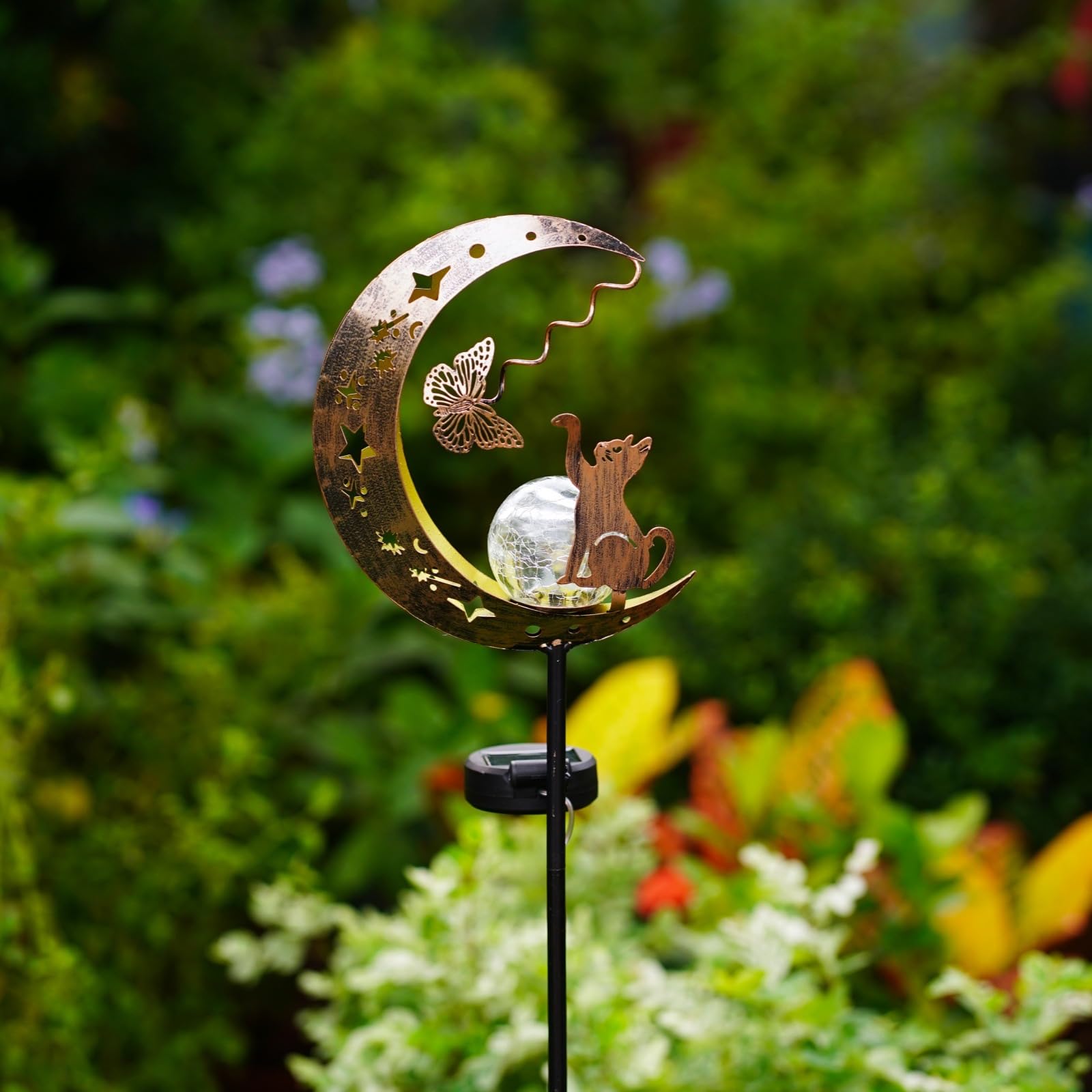 Solarbetrieben Katze Schmetterling Licht, Schöne Tier Bodenlampe mit Schmiedeeisen im Garten verziert, Drahtlose Dämmerung bis Dämmerung LED Licht wasserdicht.