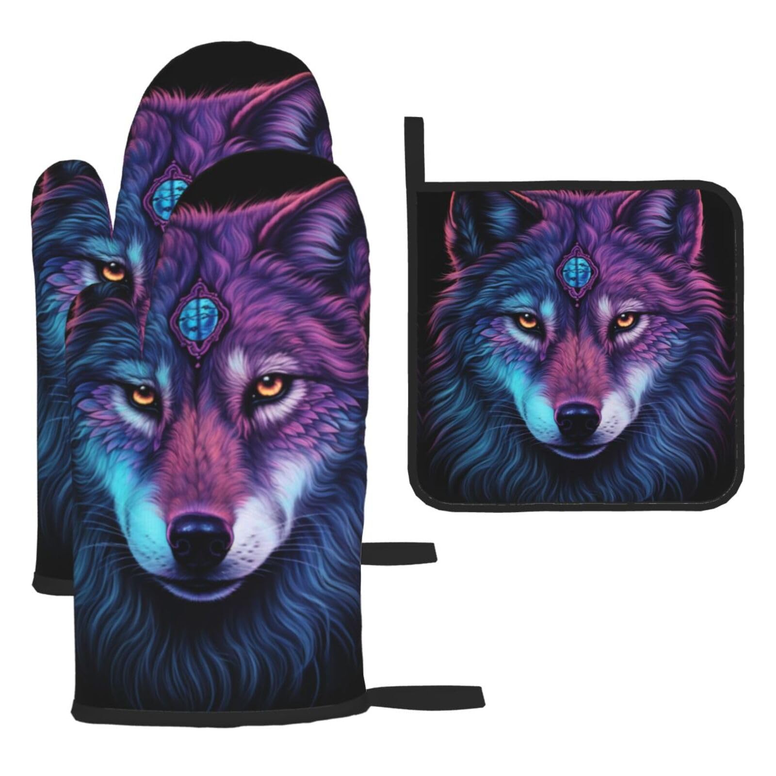 Neon wolf with purple head Oven mittens and oven mitts three-piece set suitable for oven, grilling, baking, microwave and home cooking.