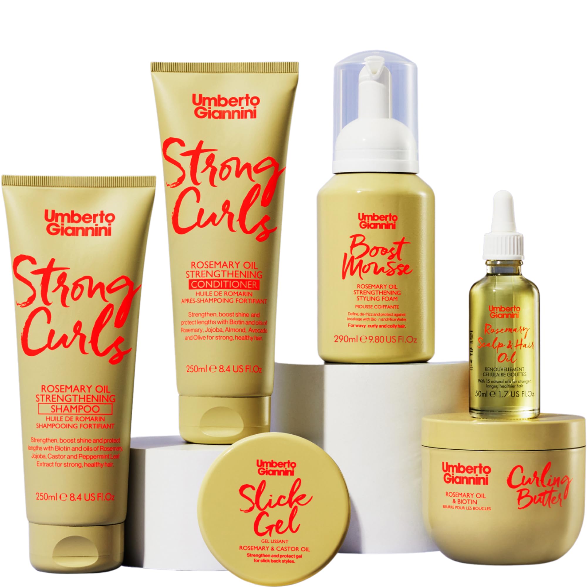 Umberto Giannini Curly Hair Routine Kit Strong Curls (6 Produkte) Wash & Style Curly, Coily, Wavy Hair: Includes Shampoo, Conditioner, Mousse, Curl Cream, Slick Gel + Rosmarin Oil