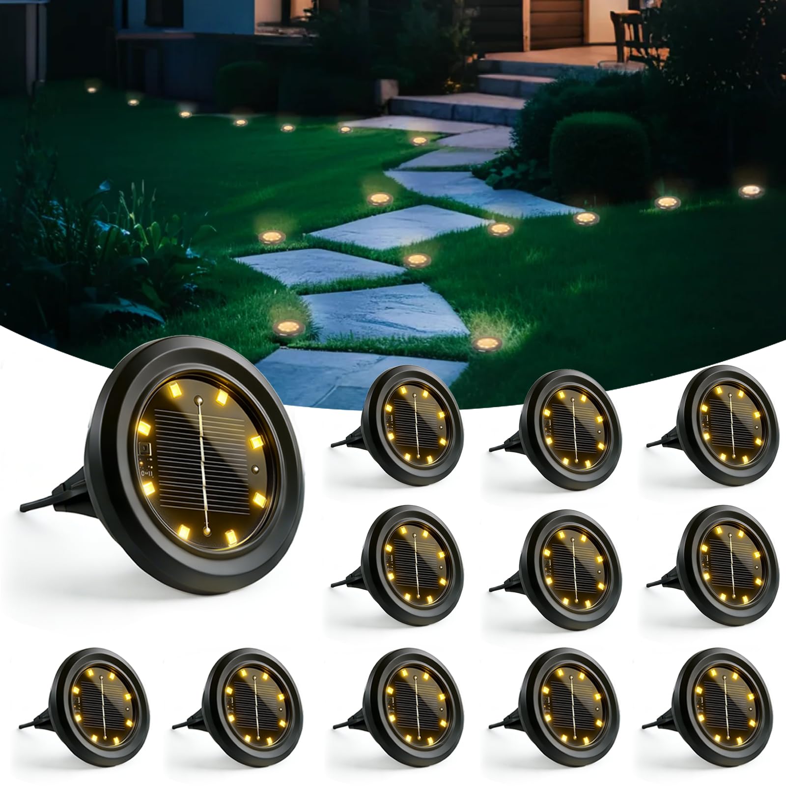 Hqynss Solar Lights Outdoor Garden, 12 Pack LED Solar Ground Lights IP65 Waterproof Solar Decking Lighting for Garden Pathway Lawn Patio Yard Landscaping (Warm White)
