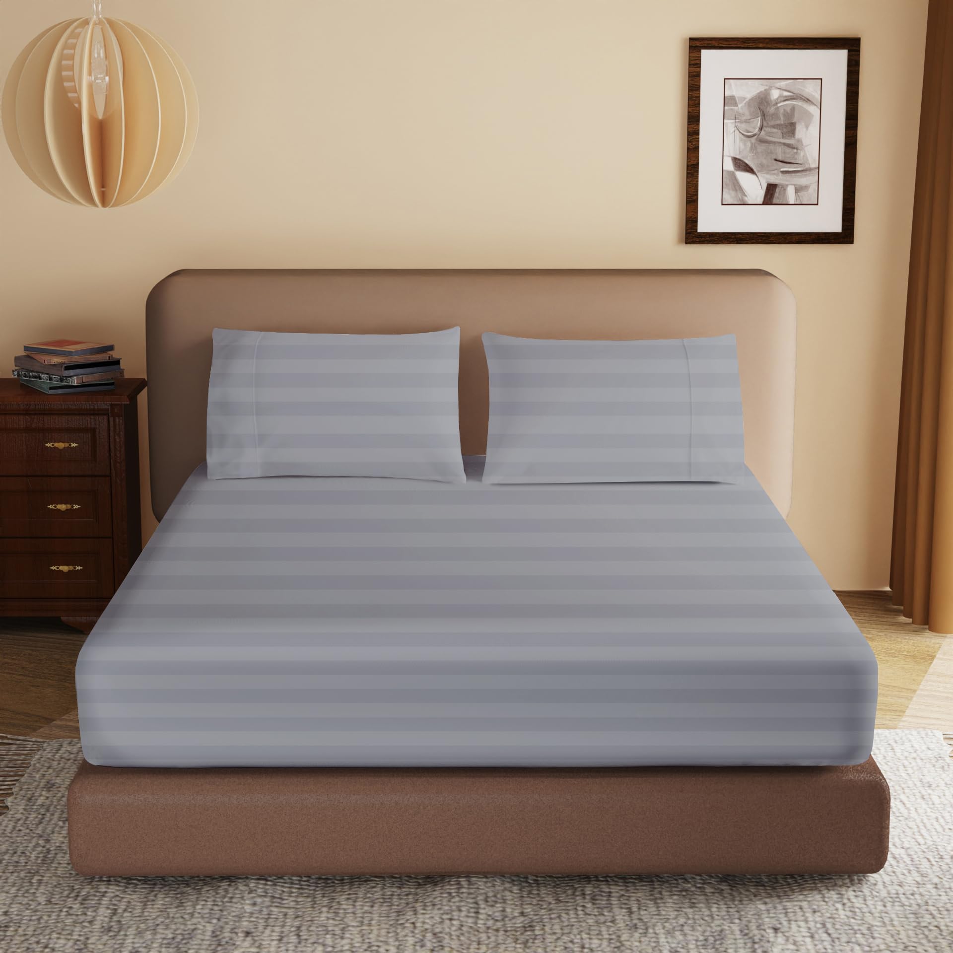 100% Egyptian Cotton Fitted Sheet Twin Size, 600 Thread Count, Single Fitted Sheet Only,16" Deep Pocket Sheet, Soft & Elastic Sateen Weave Bottom Sheet for Hotel & Home (Gray-Stripe, Twin) — image 1