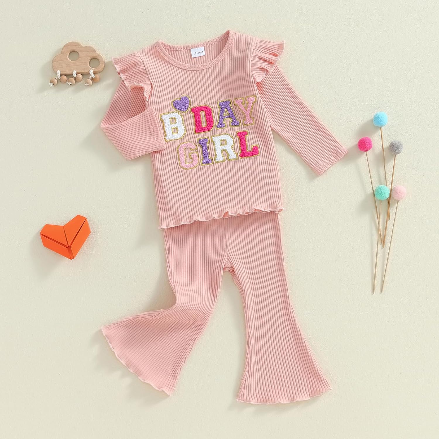 Baby Birthday Girl Outfit Birthday Girl Print Ribbed Ruffle Sleeve Shirt Solid Flare Pant Leggings Fall 2pcs Clothes - Image 2