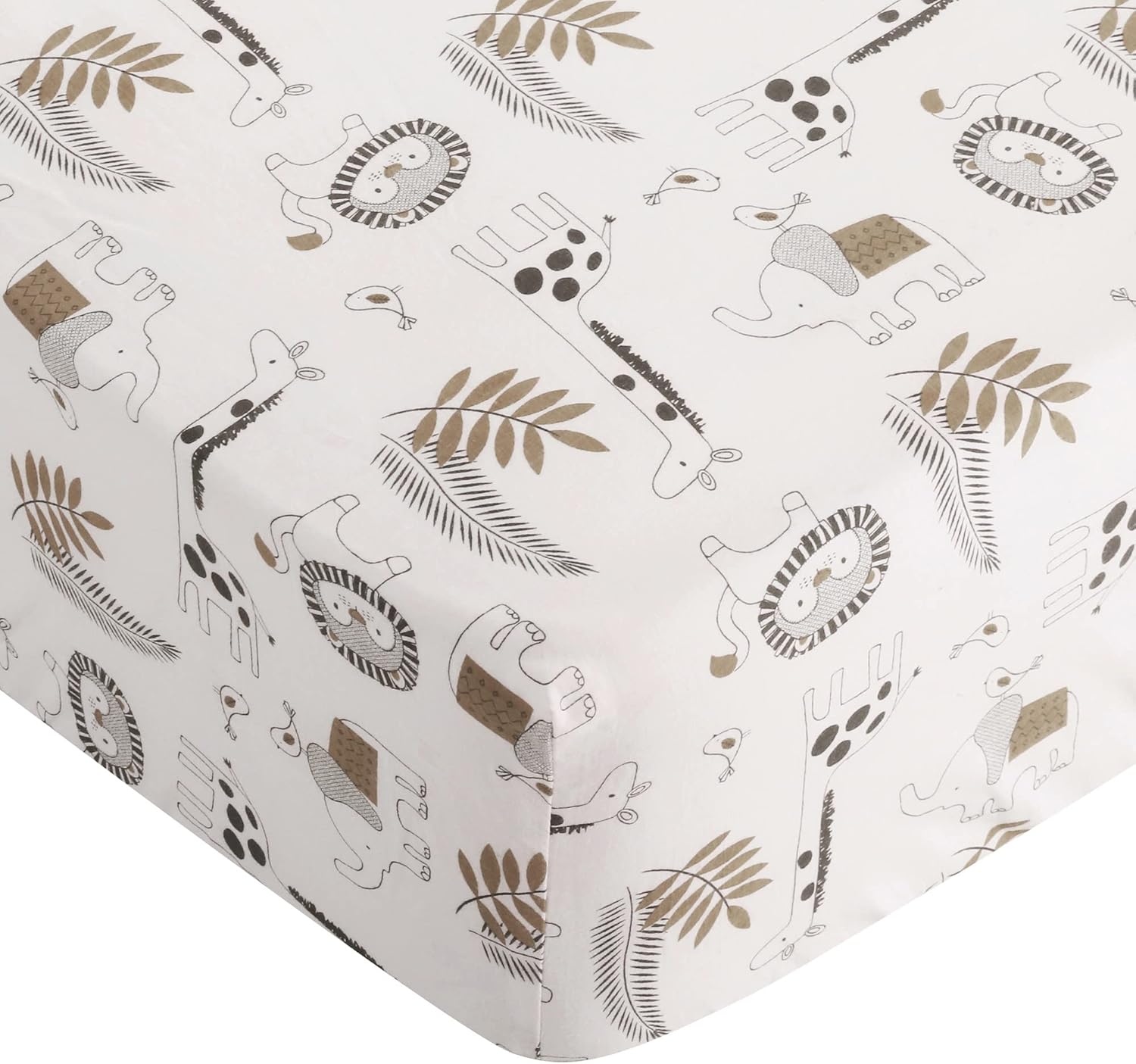 Levtex Baby - Tanzania Crib Fitted Sheet - Fits Standard Crib and Toddler Mattress - Tossed Elephant, Giraffe and Lion - Charcoal Cream Tan - Nursery Accessories - 100% Cotton