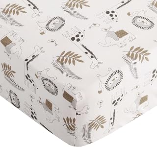 Levtex Baby - Tanzania Crib Fitted Sheet - Fits Standard Crib and Toddler Mattress - Tossed Elephant, Giraffe and Lion - Charcoal Cream Tan - Nursery Accessories - 100% Cotton
