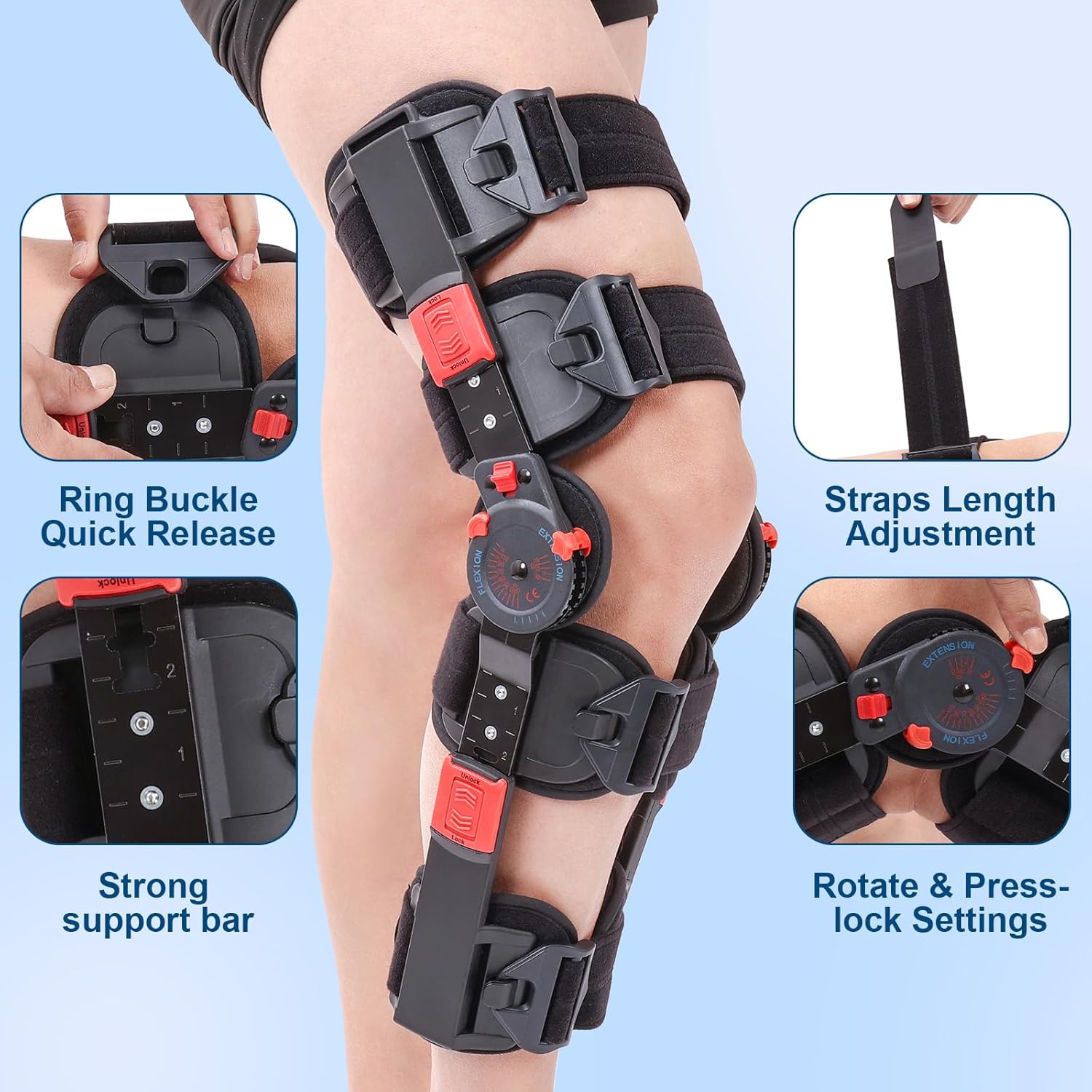 Hinged ROM Knee Brace with Side Stabilizers, Adjustable Post Op Knee Support Orthosis Immobilizer for ACL, PCL and MCL Injury, Medical Knee Orthopedic Support, Leg Stabilizer for Left or Right Leg, Men and Women (Red) - Image 3