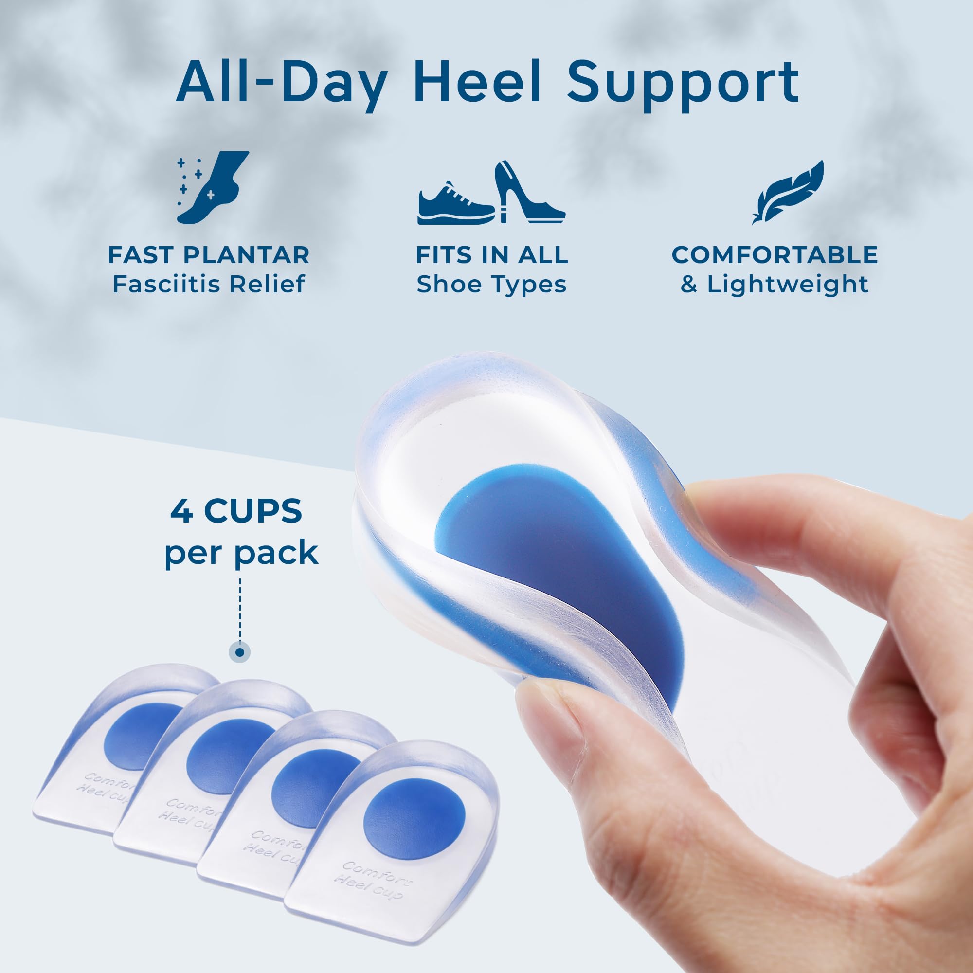 Sileni - Cojines de talón para aliviar el dolor de talón (paquete de 4) – Copas de gel para el dolor de talón, almohadillas de gel para el talón, almohadillas de talón para hombres y mujeres, fascitis