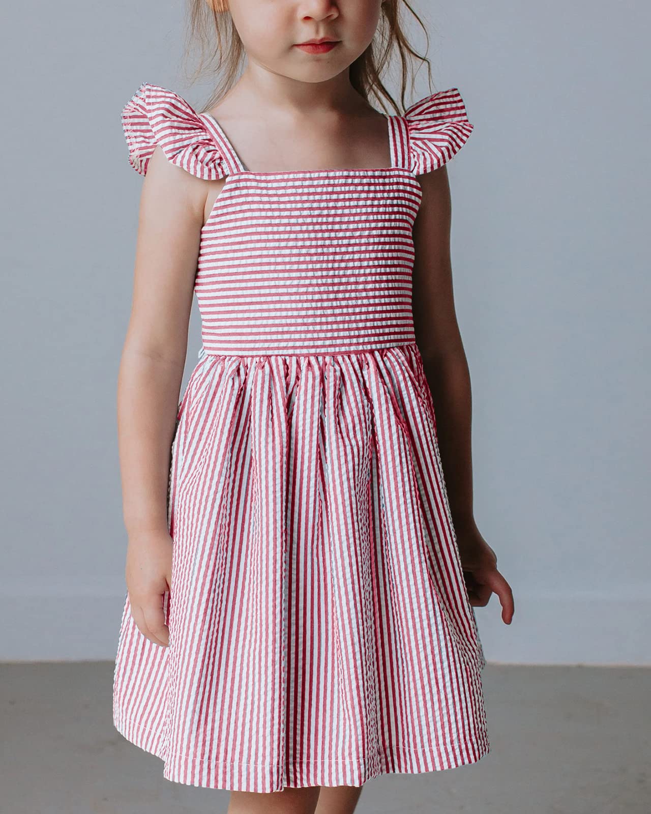 Saodimallsu Vestido de verano para niñas, con tirantes delgados, vestido de playa, vestido de primavera para niños, vestido a rayas, manga con volantes