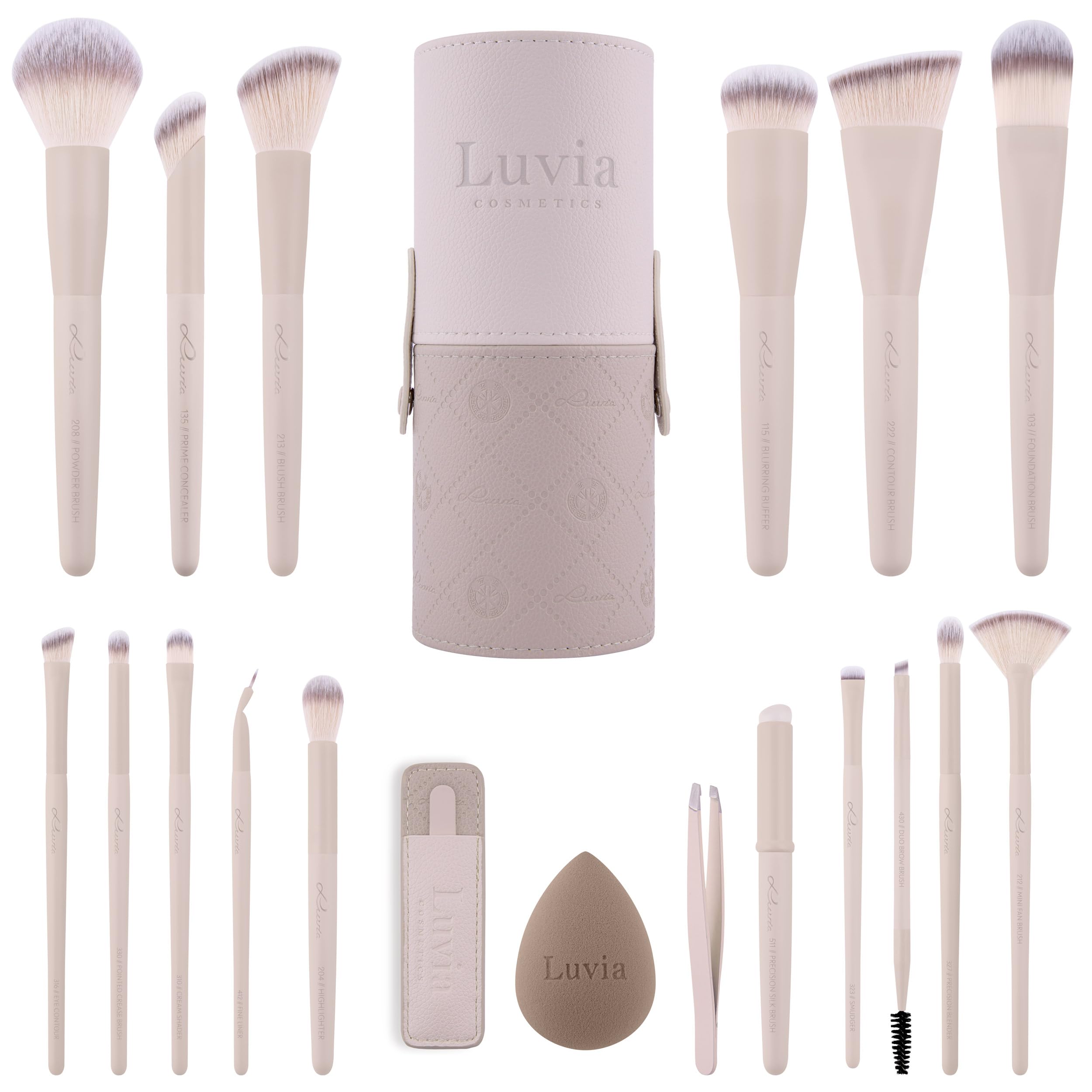 Make-up Pinselset Aura Pro | 19-teiliges Pinselset für Gesicht  Augen mit Etui, Beauty Sponge  Pinzette | Professionelle Kosmetikpinsel vegan  tierversuchsfrei | Nude 2-farbig | Luvia