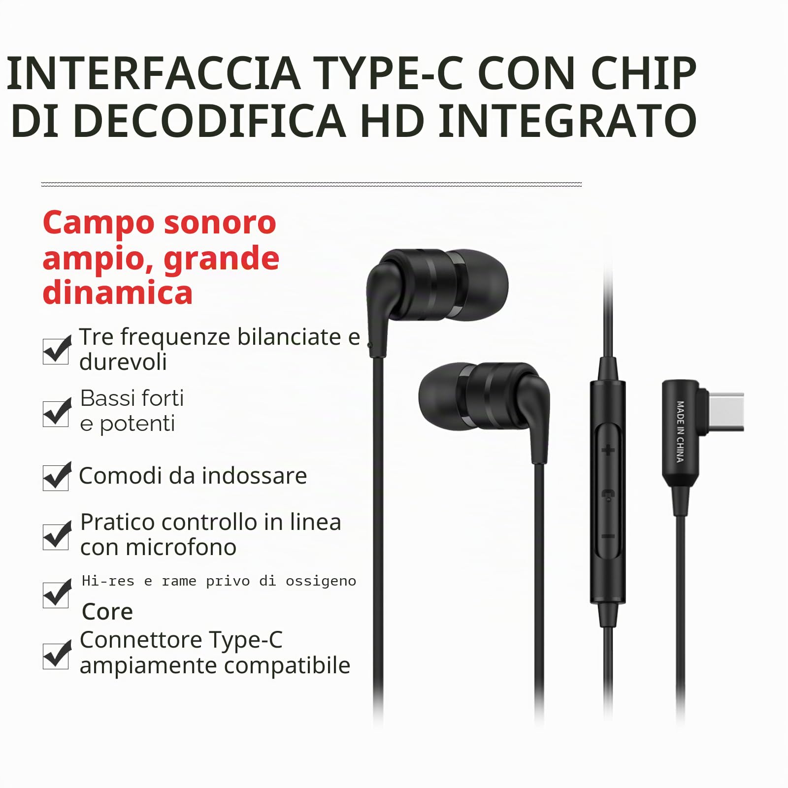 SoundMAGIC E80D Auricolari Cablati USB-C, Micro, DAC Hi-Res, HiFi, Nero