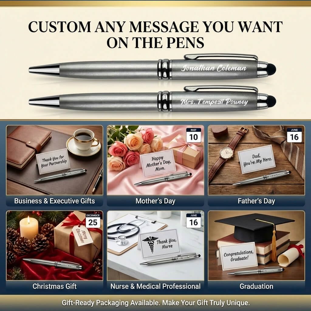 Yastar Personalized Pens Bulk Custom Ballpoint Pens with Business Name Message,wiht 10 Black Ink Refills Customized Engraved Pens with Stylus for Birthdays Anniversaries Graduations 12pcs/Pack