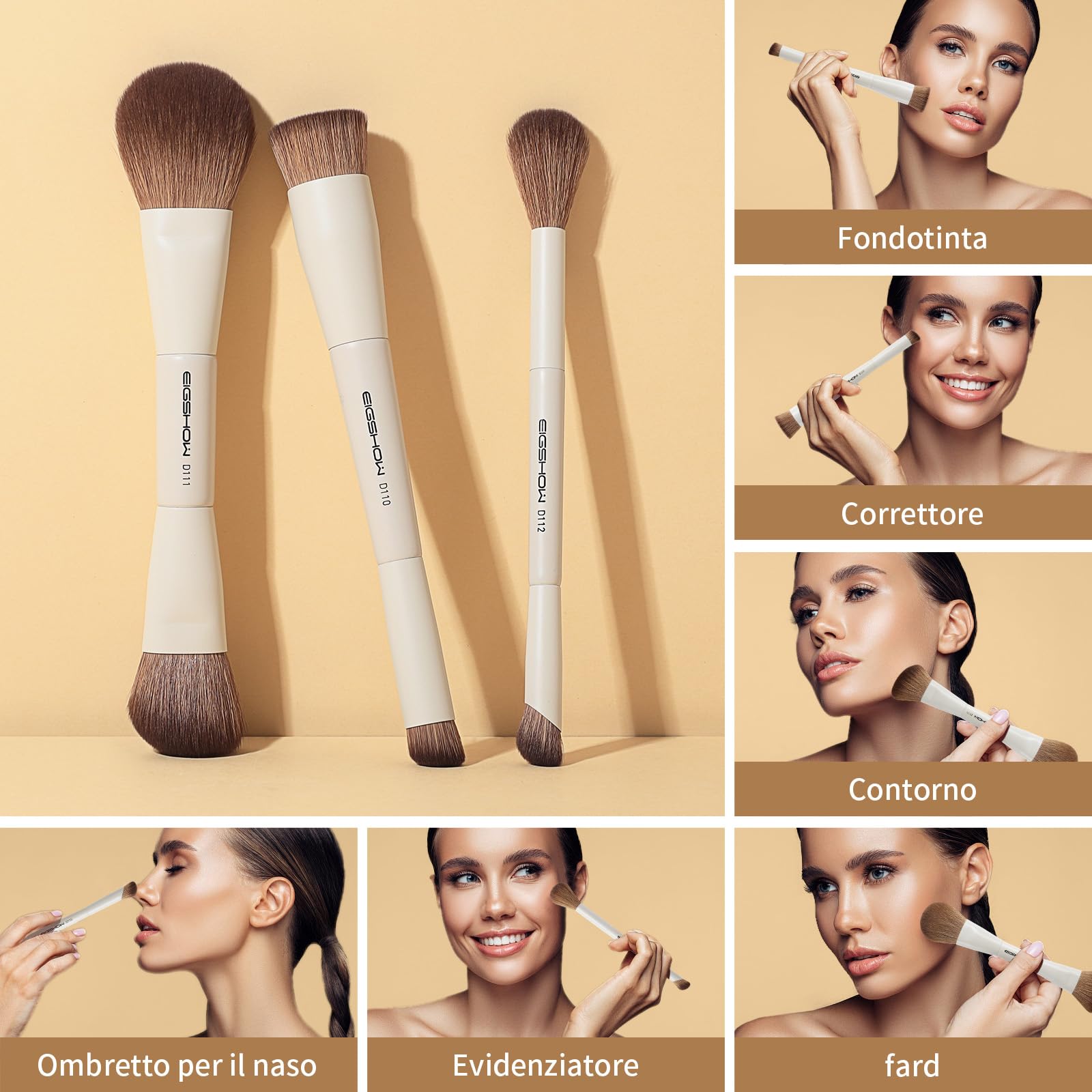 EIGSHOW Set di Pennelli per Trucco, Set Pennelli Make Up da 3 Pezzi, Set Pennelli Trucco con Due Estremità, Viso in Fibra Sintetica Morbida, Adatti per Polveri Liquide e Cremose, Beige
