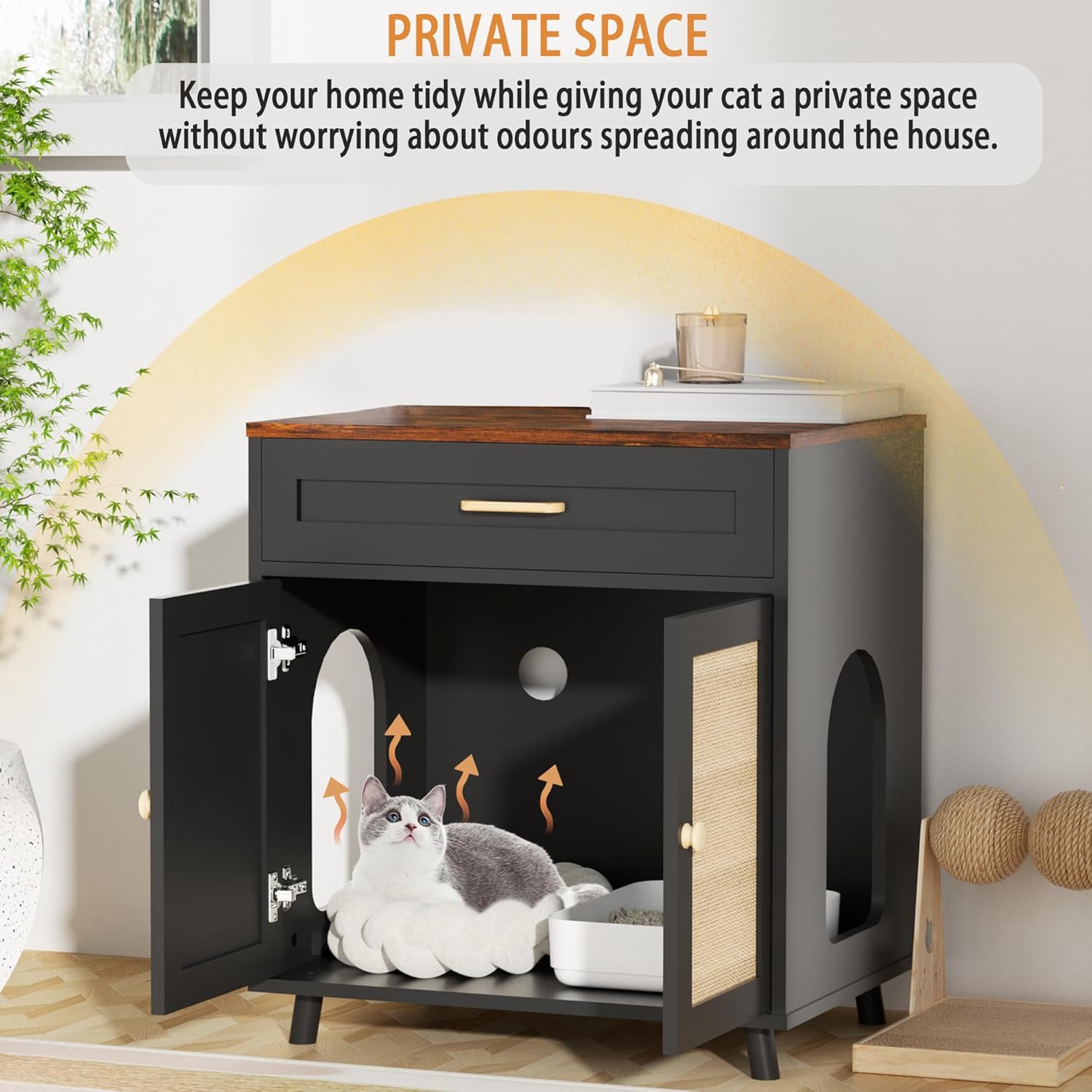 Cat Litter Box Enclosure Litter Box Furniture Hidden with Scratching Board Doors and Drawer Wooden Washroom Cat House Table Nightstand Indoor Box Cabinet,Black